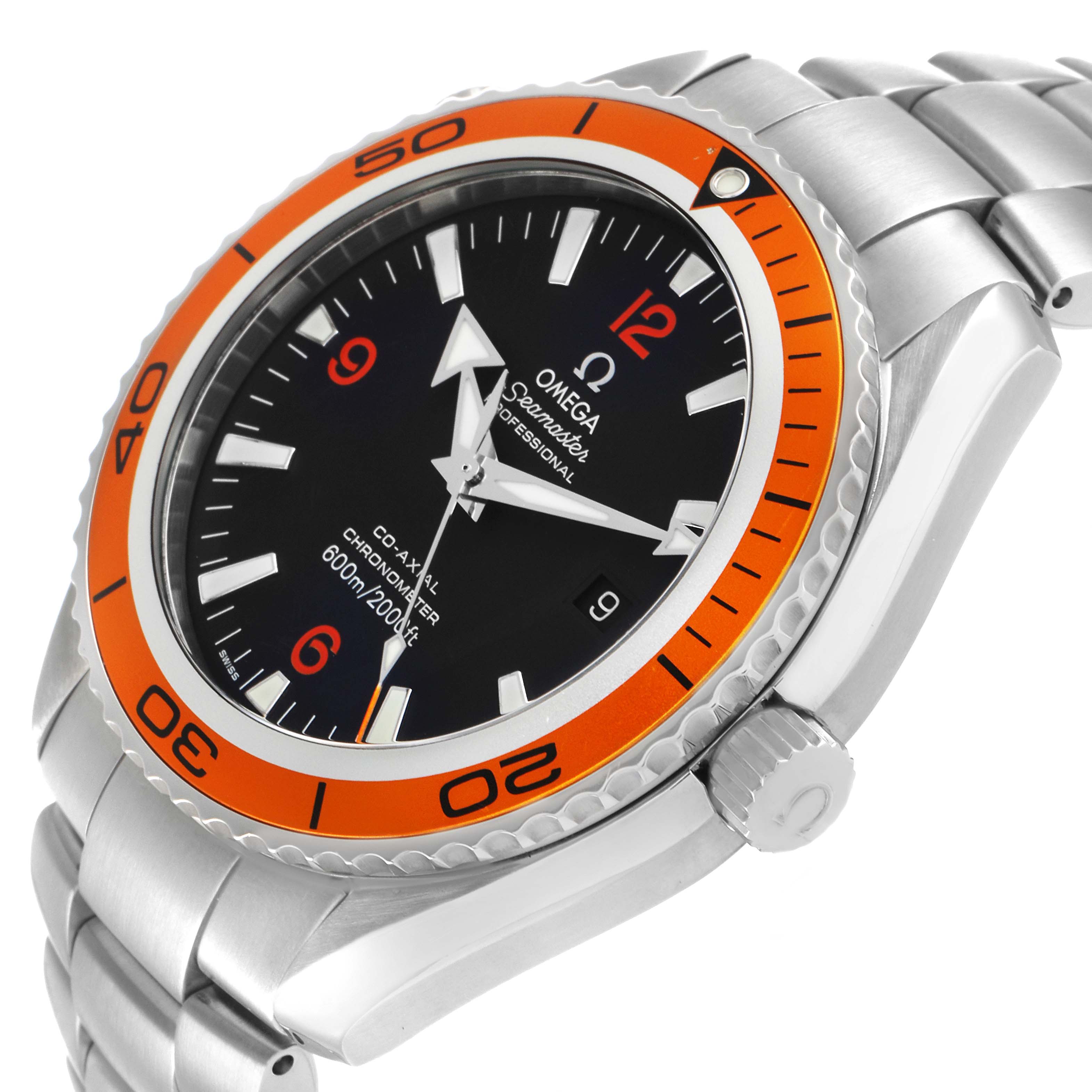 The Omega Planet Ocean 2208.50.00 Men's Stainless Steel Black Dial watch is shown at an angled side view, highlighting the orange bezel, dial, crown, and bracelet.
