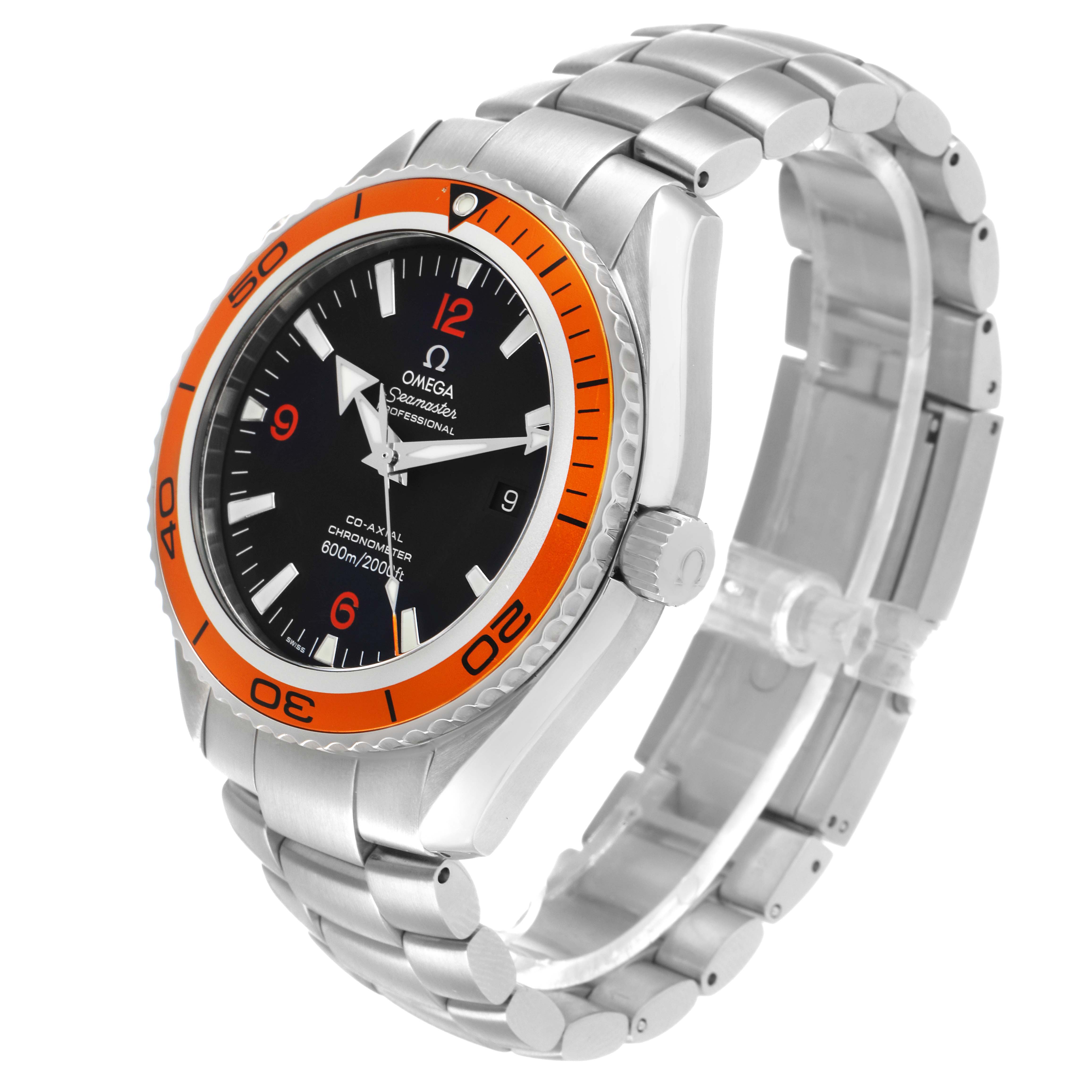 The Omega Planet Ocean 2208.50.00 Men's Stainless Steel Black Dial watch is shown from a three-quarter angle, highlighting its orange bezel, black dial, and metal bracelet.