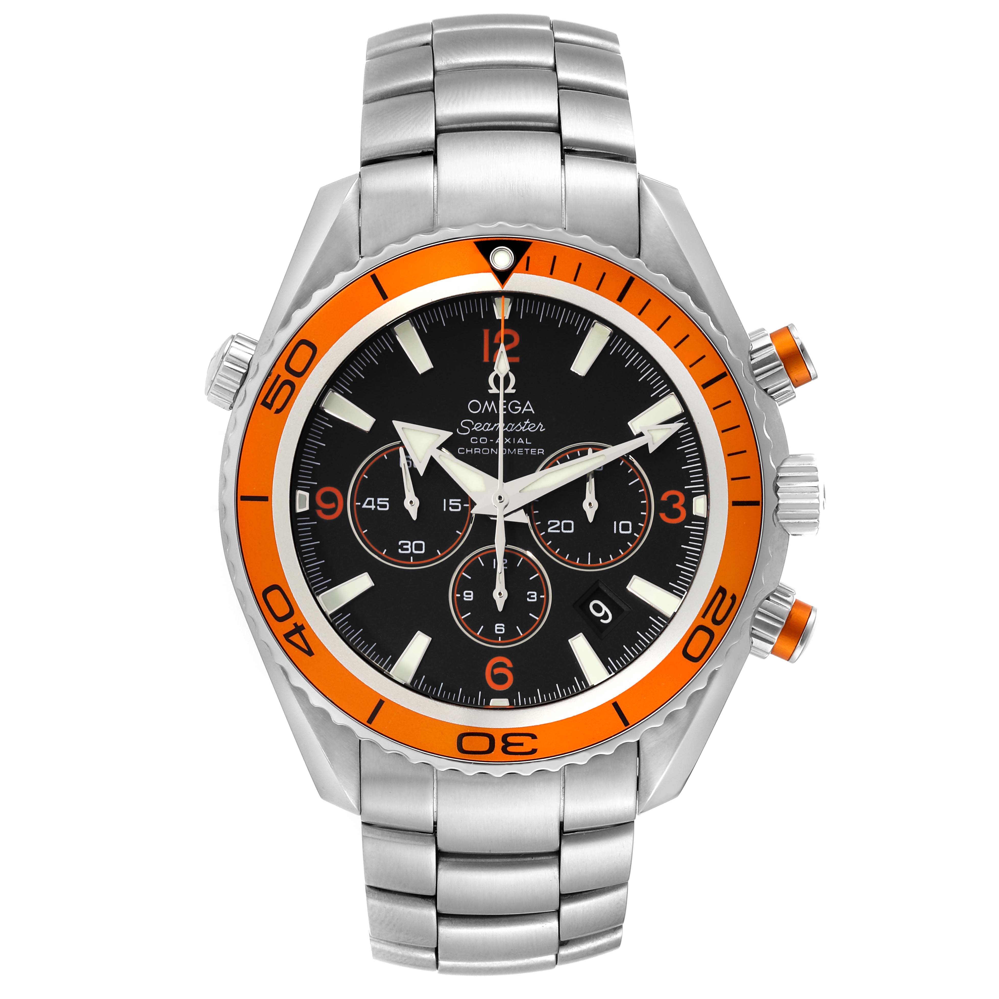 The image shows a front view of the Omega Planet Ocean 2218.50.00 Men
s Stainless Steel Black Dial 2218.50.00 Men
s Stainless Steel Black Dial watch with a stainless steel band and an orange bezel.