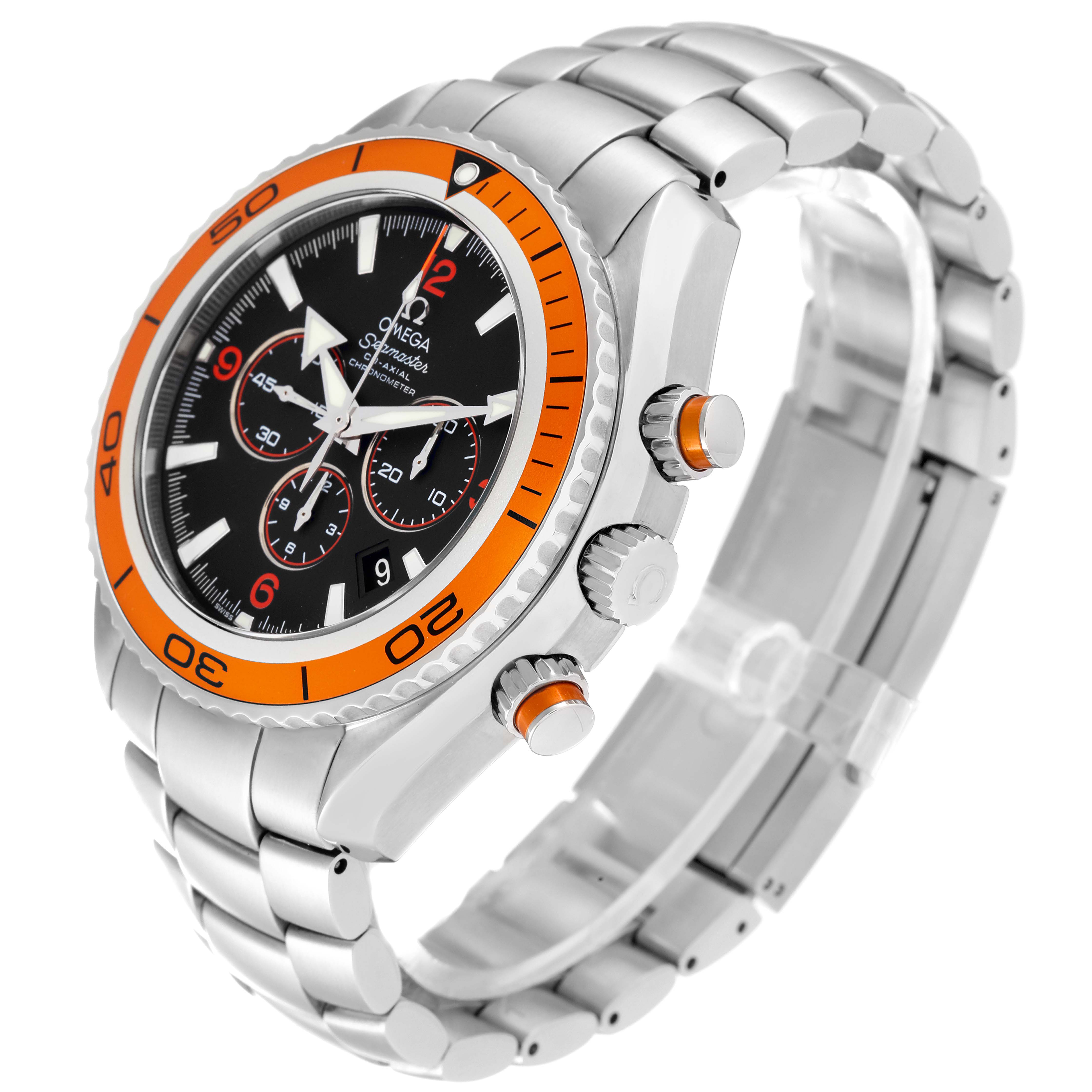 The image shows the Omega Planet Ocean 2218.50.00 Men
s Stainless Steel Black Dial 2218.50.00 Men
s Stainless Steel Black Dial watch at a three-quarter angle, highlighting the face, bezel, chrono pushers, case, and bracelet.