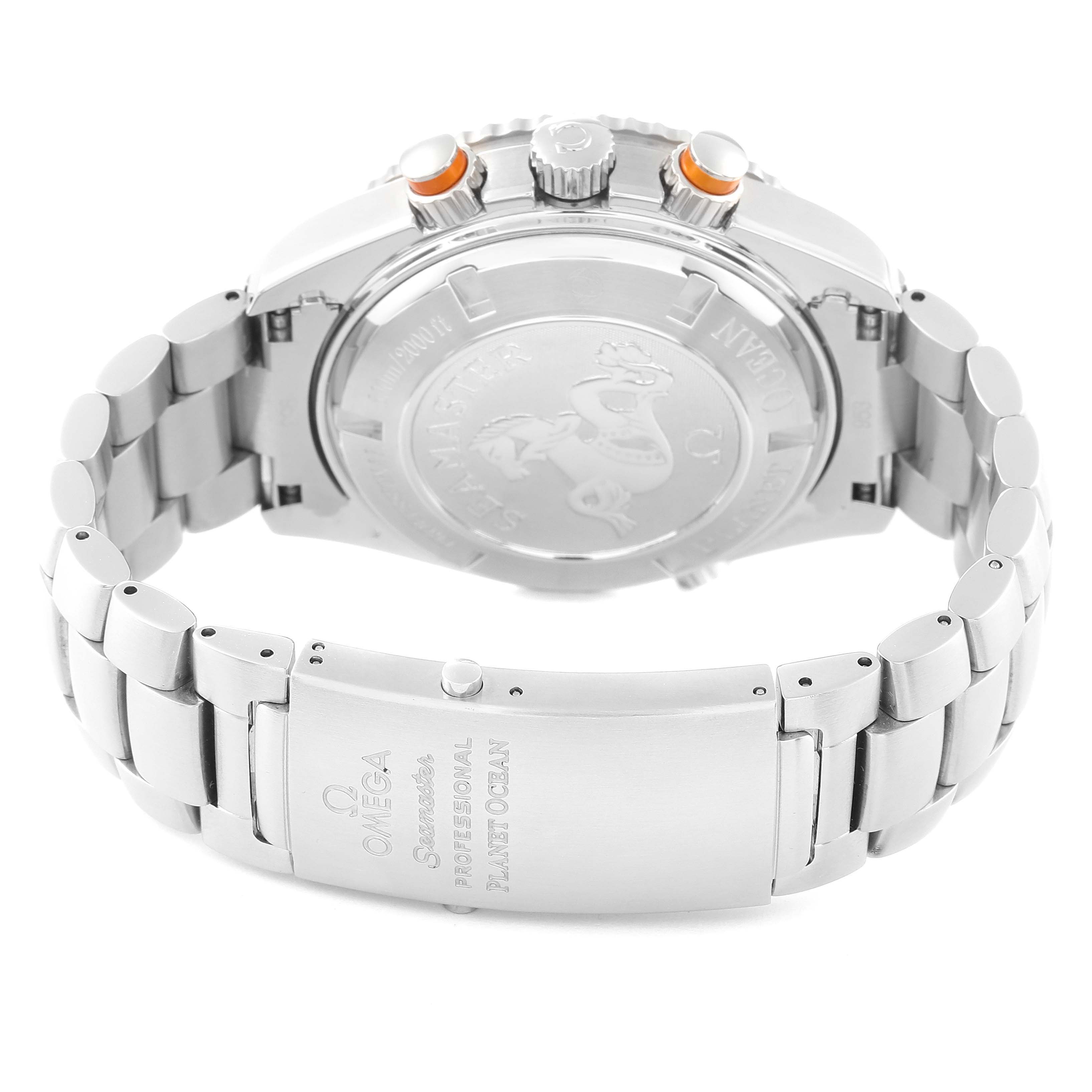 The image shows the back view of the Omega Planet Ocean 2218.50.00 Men
s Stainless Steel Black Dial 2218.50.00 Men
s Stainless Steel Black Dial watch, highlighting its bracelet, clasp, and caseback.