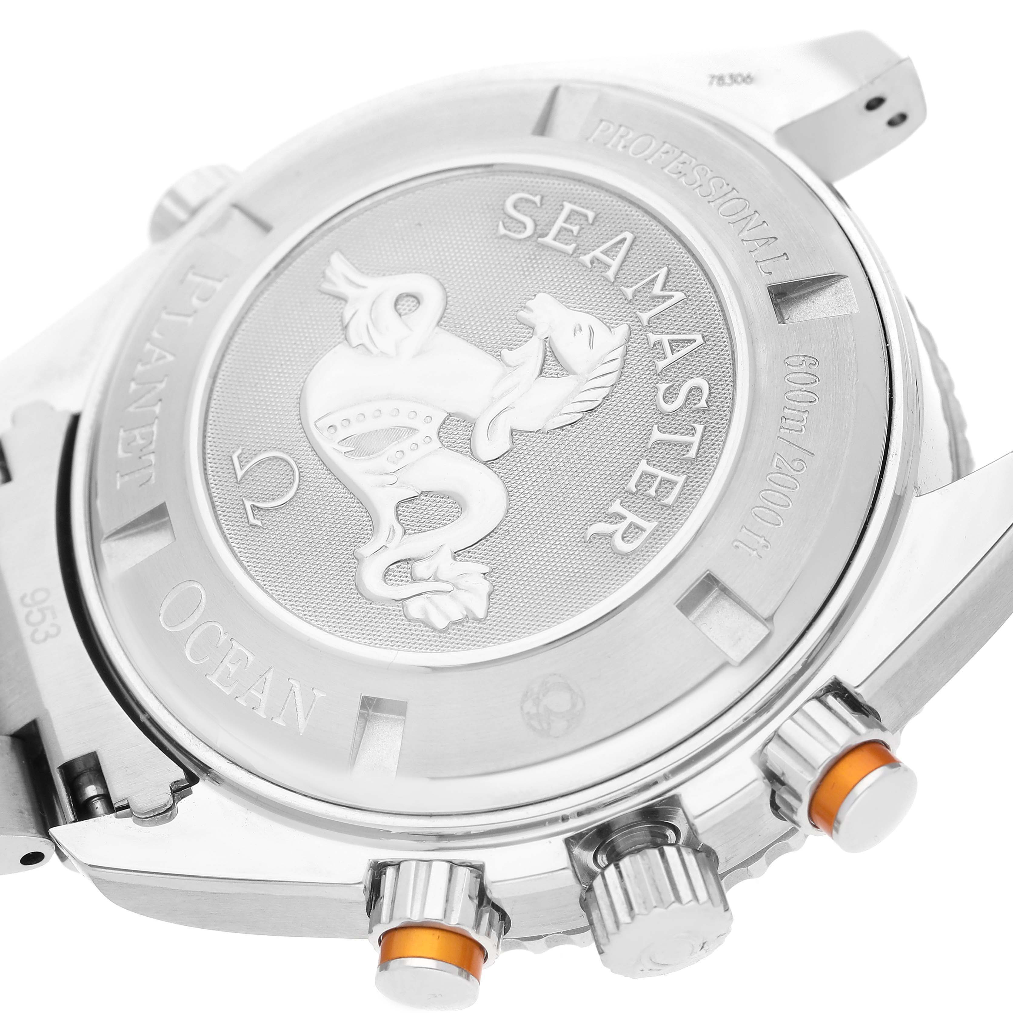 The image shows the case back and chronograph buttons of the Omega Planet Ocean 2218.50.00 Men
s Stainless Steel Black Dial 2218.50.00 Men
s Stainless Steel Black Dial watch, highlighting the Seamaster engraving.