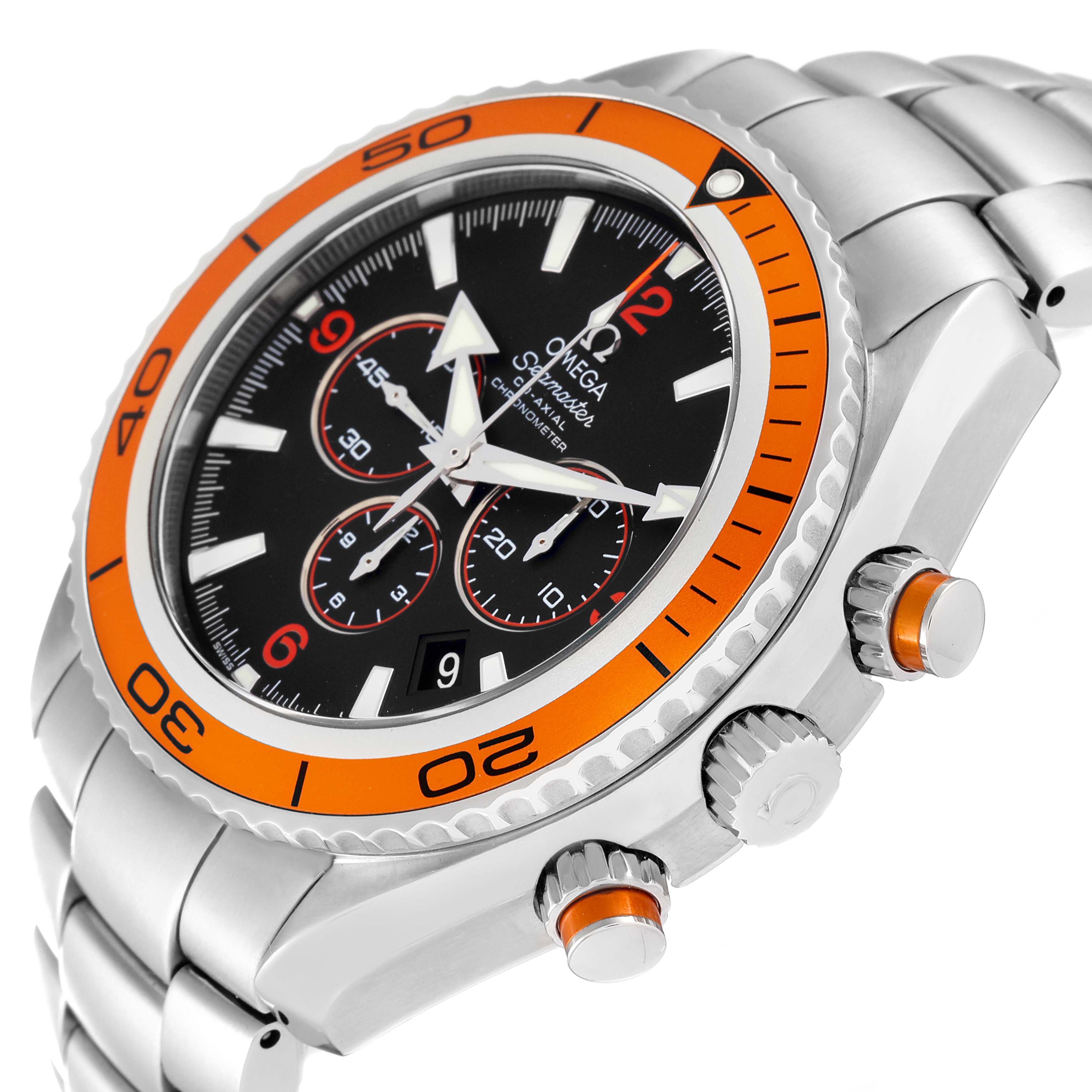 The image shows an angled view of an Omega Planet Ocean 2218.50.00 Men
s Stainless Steel Black Dial 2218.50.00 Men
s Stainless Steel Black Dial watch displaying the dial, bezel, crown, and pushers.