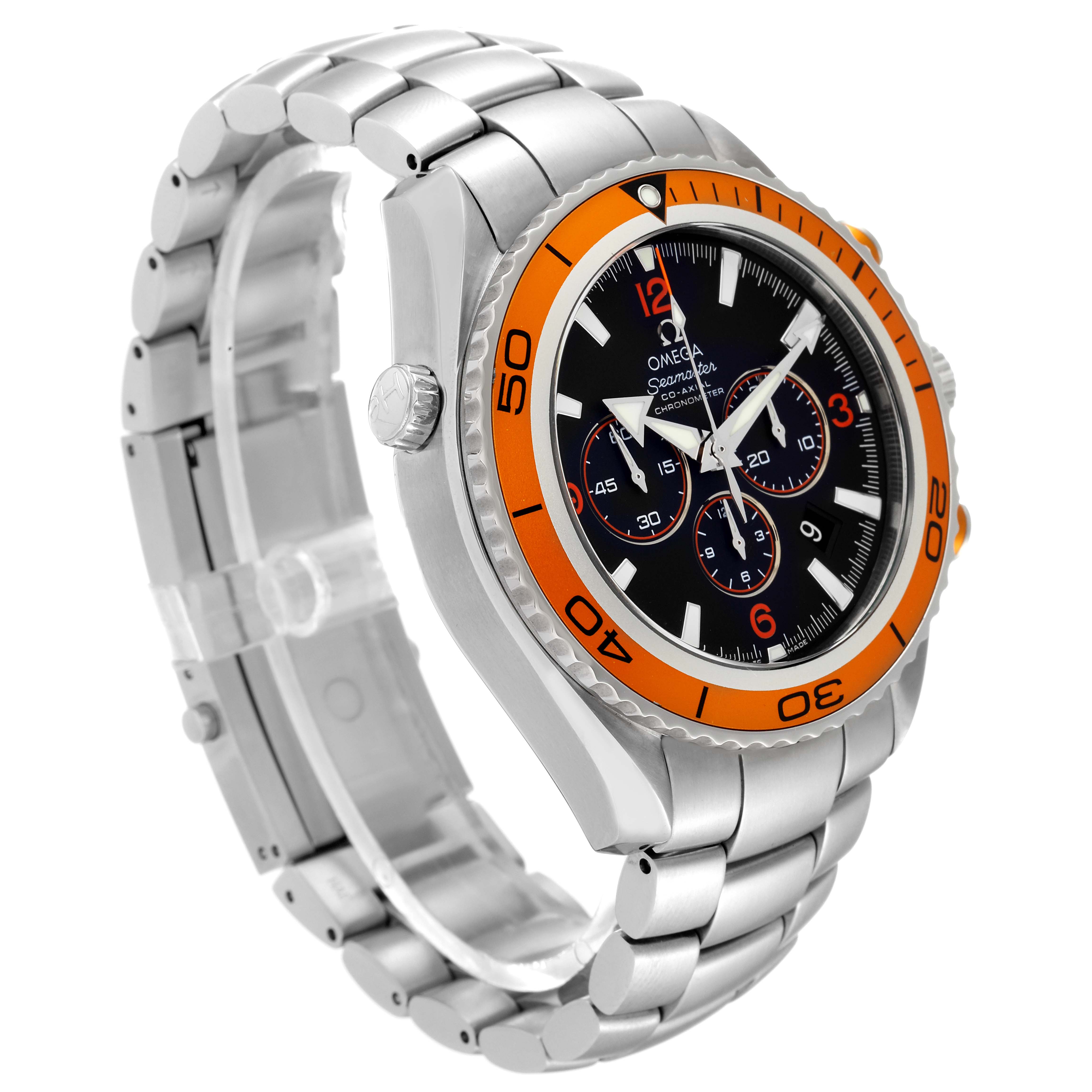 The Planet Ocean model by Omega is shown at an angle displaying the face, bezel, and metal bracelet.