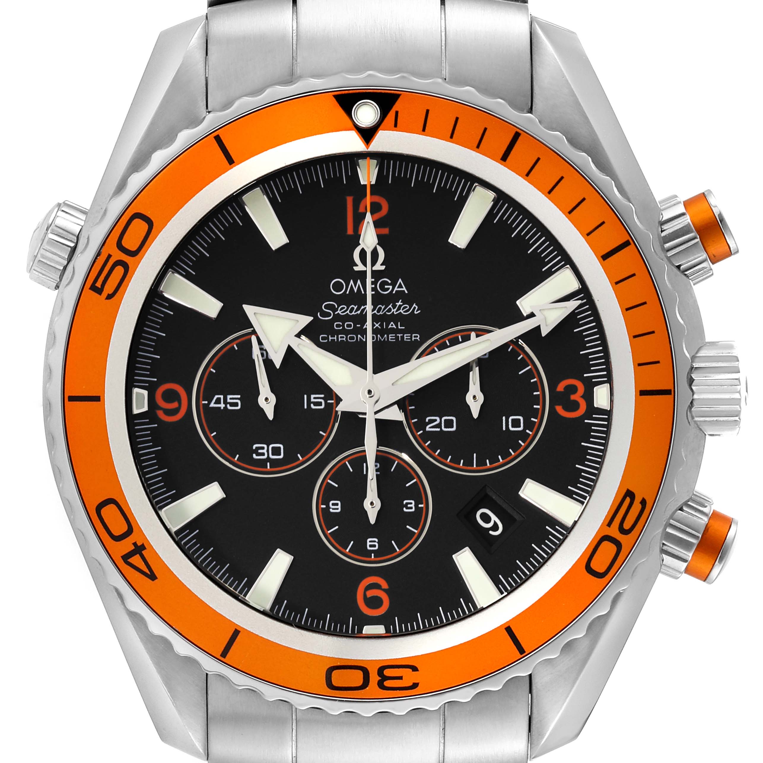 This image shows a frontal view of the Omega Planet Ocean 2218.50.00 Men
s Stainless Steel Black Dial 2218.50.00 Men
s Stainless Steel Black Dial watch, highlighting its dial, orange bezel, and chronograph subdials.