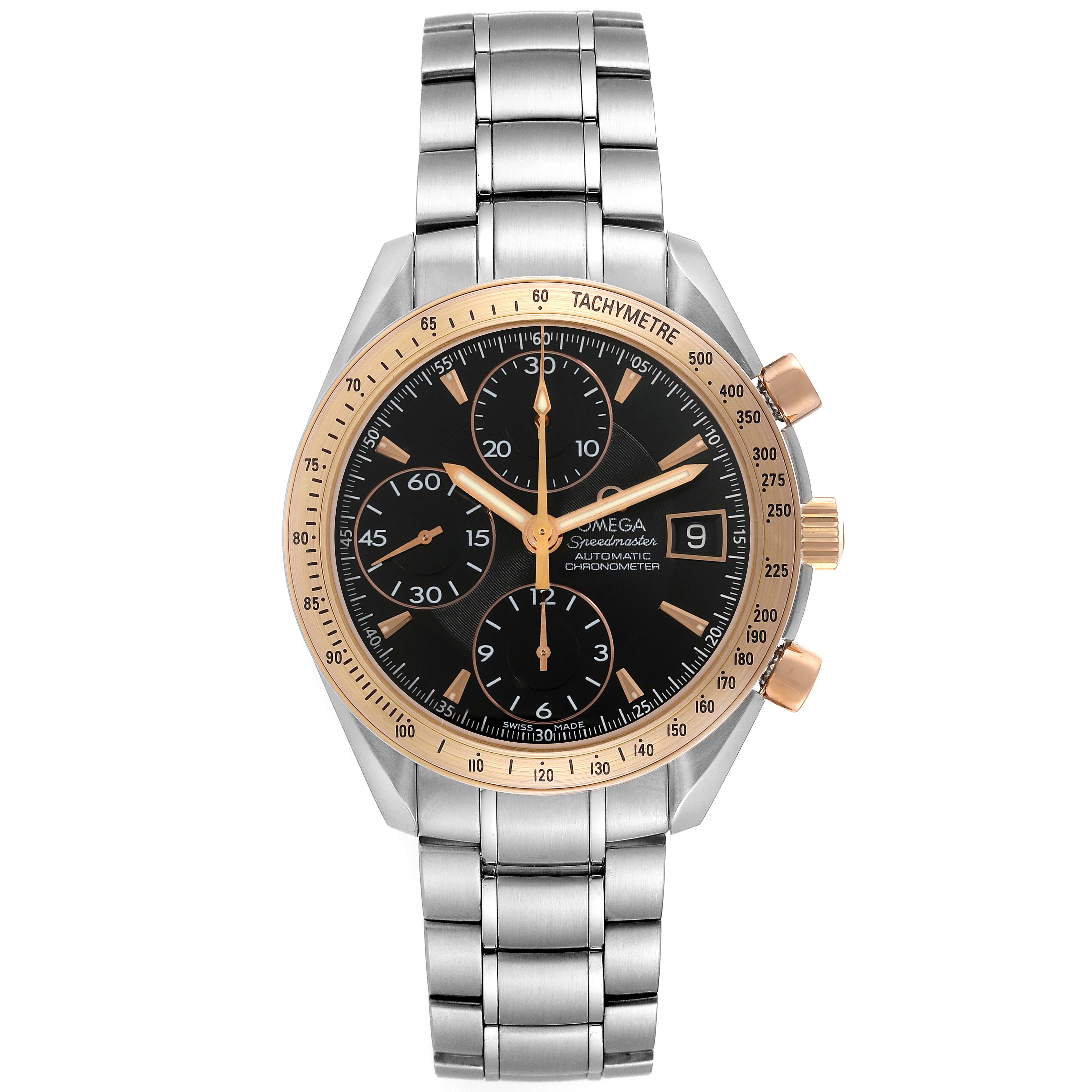This image shows an Omega Speedmaster 323.21.40.40.01.001 Men's Steel and Gold (two tone) Black Dial 323.21.40.40.01.001 Men's Steel and Gold (two tone) Black Dial watch from a straight-on angle, displaying its face, bezel, and bracelet.