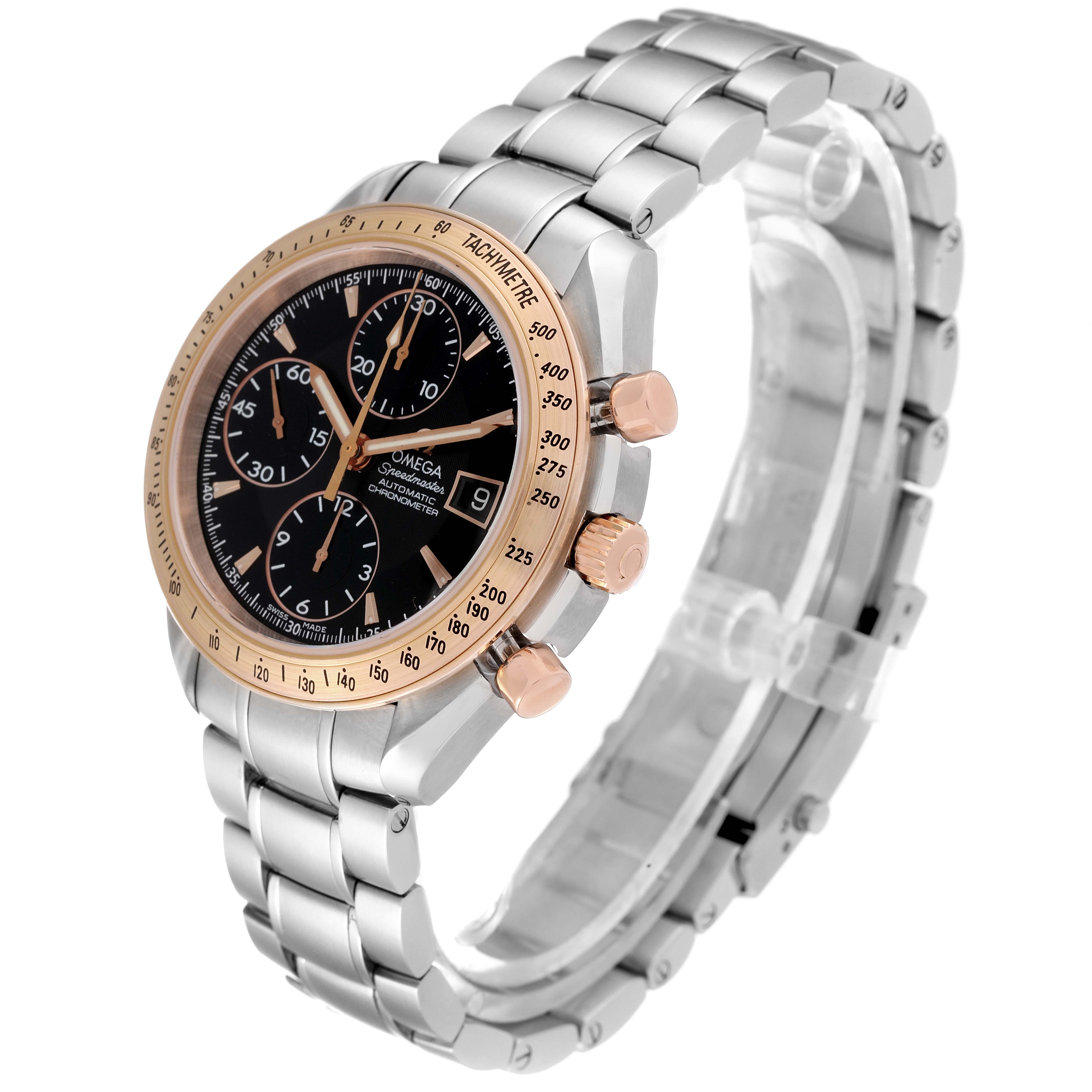 The Omega Speedmaster 323.21.40.40.01.001 Men's Steel and Gold (two tone) Black Dial 323.21.40.40.01.001 Men's Steel and Gold (two tone) Black Dial watch is shown at a slight angle, displaying the face, bezel, pushers, crown, and stainless steel bracelet.