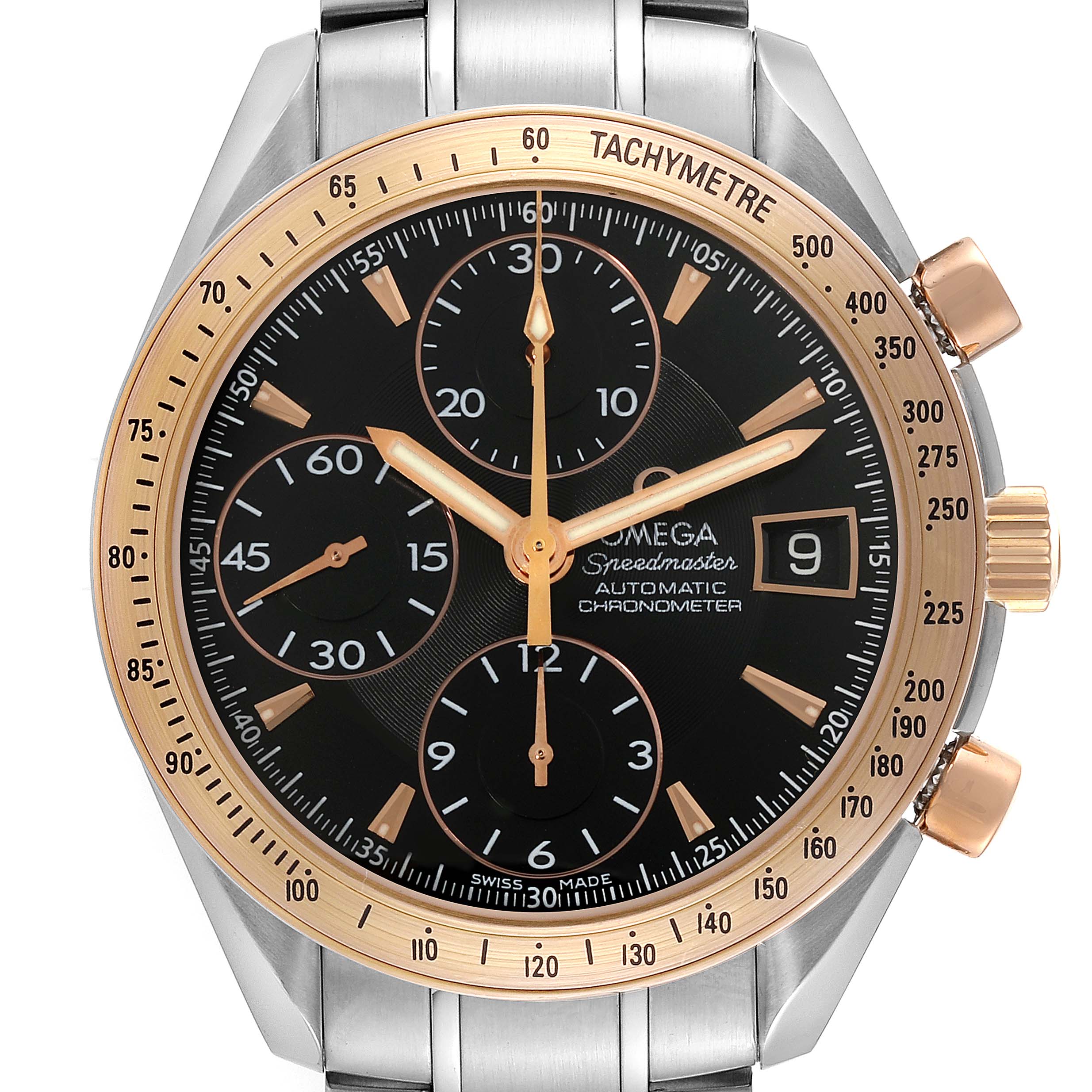 The image shows a frontal view of the Omega Speedmaster 323.21.40.40.01.001 Men's Steel and Gold (two tone) Black Dial 323.21.40.40.01.001 Men's Steel and Gold (two tone) Black Dial watch, highlighting its face, bezel, and chronograph sub-dials.