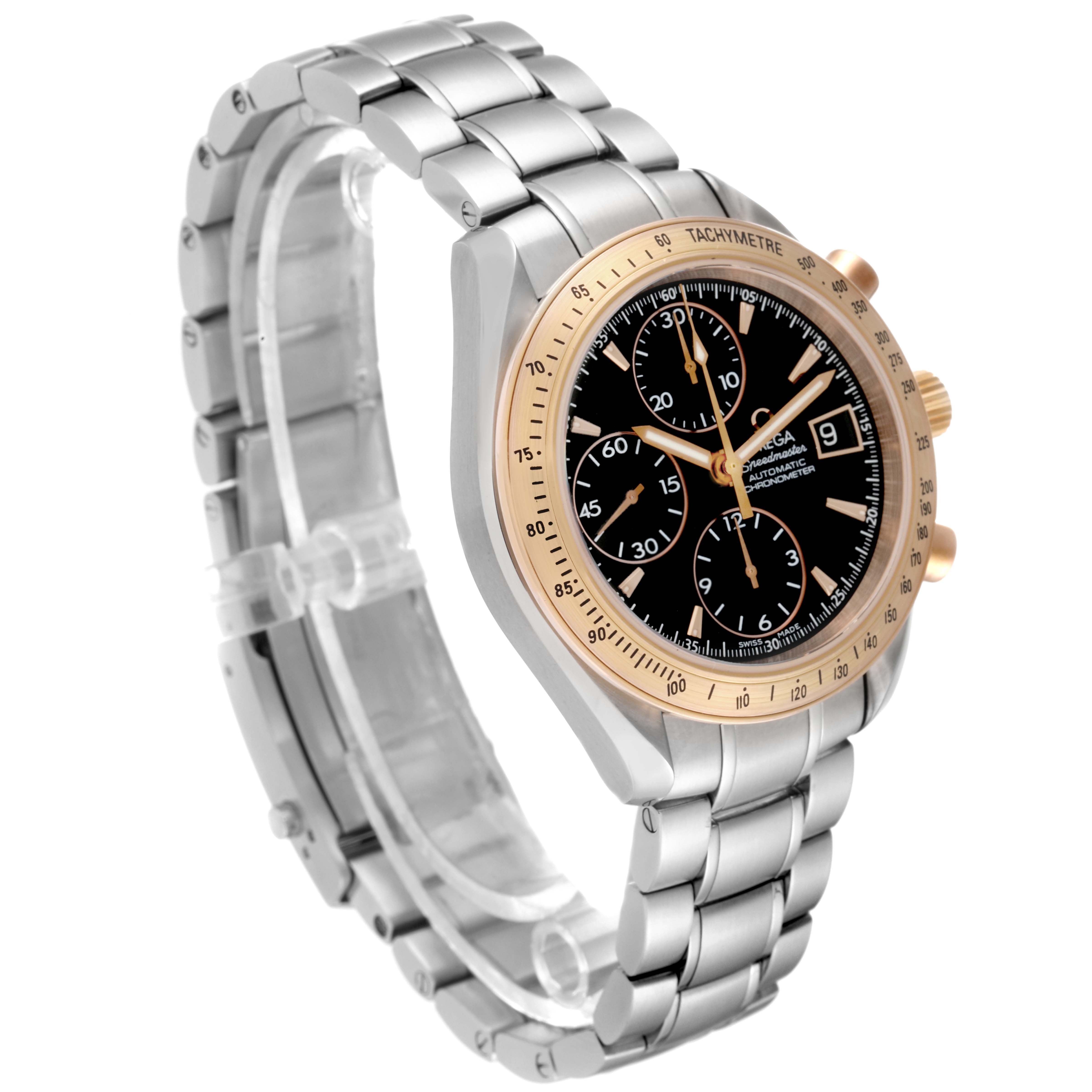 This Omega Speedmaster 323.21.40.40.01.001 Men's Steel and Gold (two tone) Black Dial 323.21.40.40.01.001 Men's Steel and Gold (two tone) Black Dial watch is shown at a 3/4 angle, highlighting the tachymeter bezel, chronograph sub-dials, and stainless steel bracelet.
