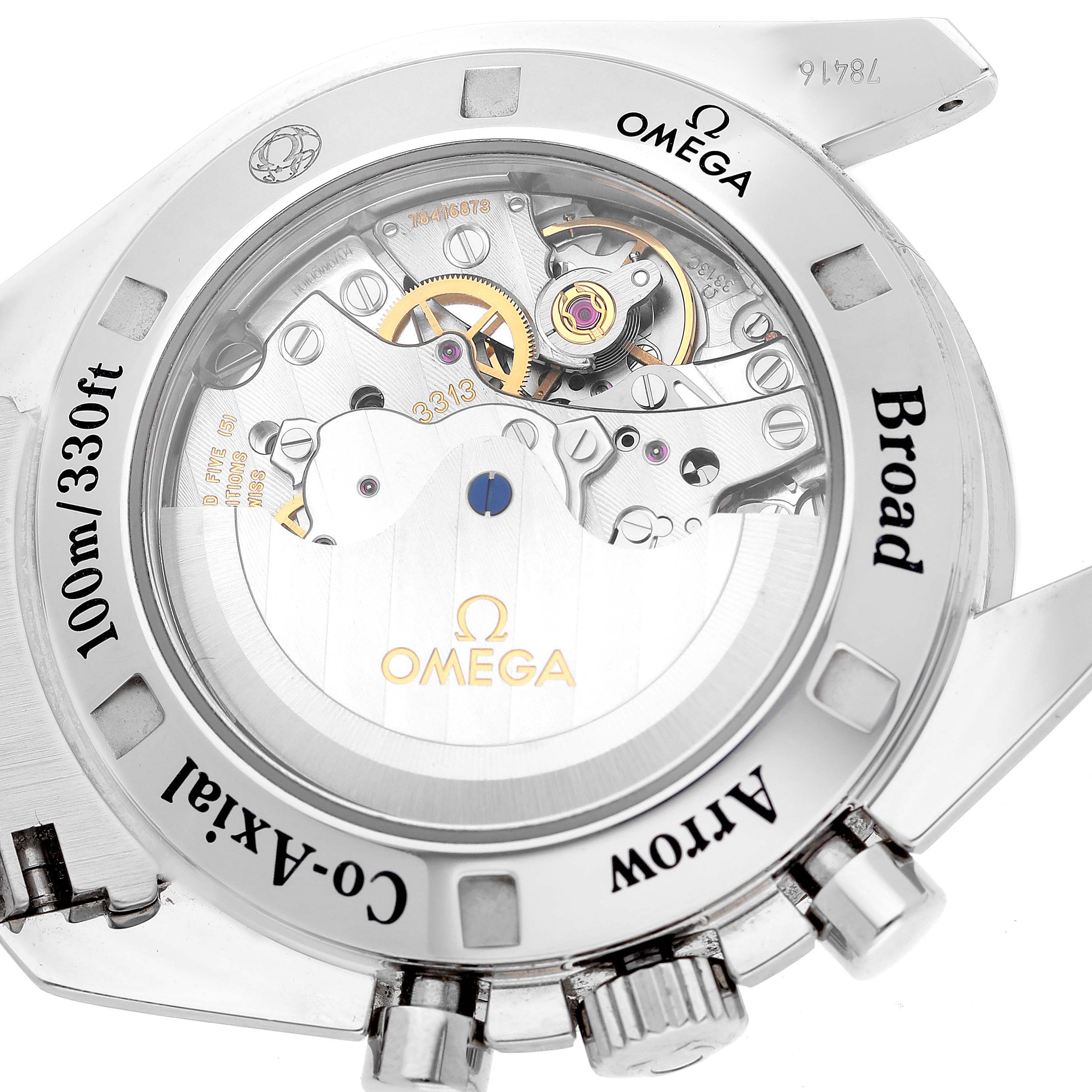 The image shows the back view of an Omega Speedmaster 321.10.42.50.01.001 Men
s Stainless Steel Black Dial 321.10.42.50.01.001 Men
s Stainless Steel Black Dial watch, showcasing its Co-Axial movement.