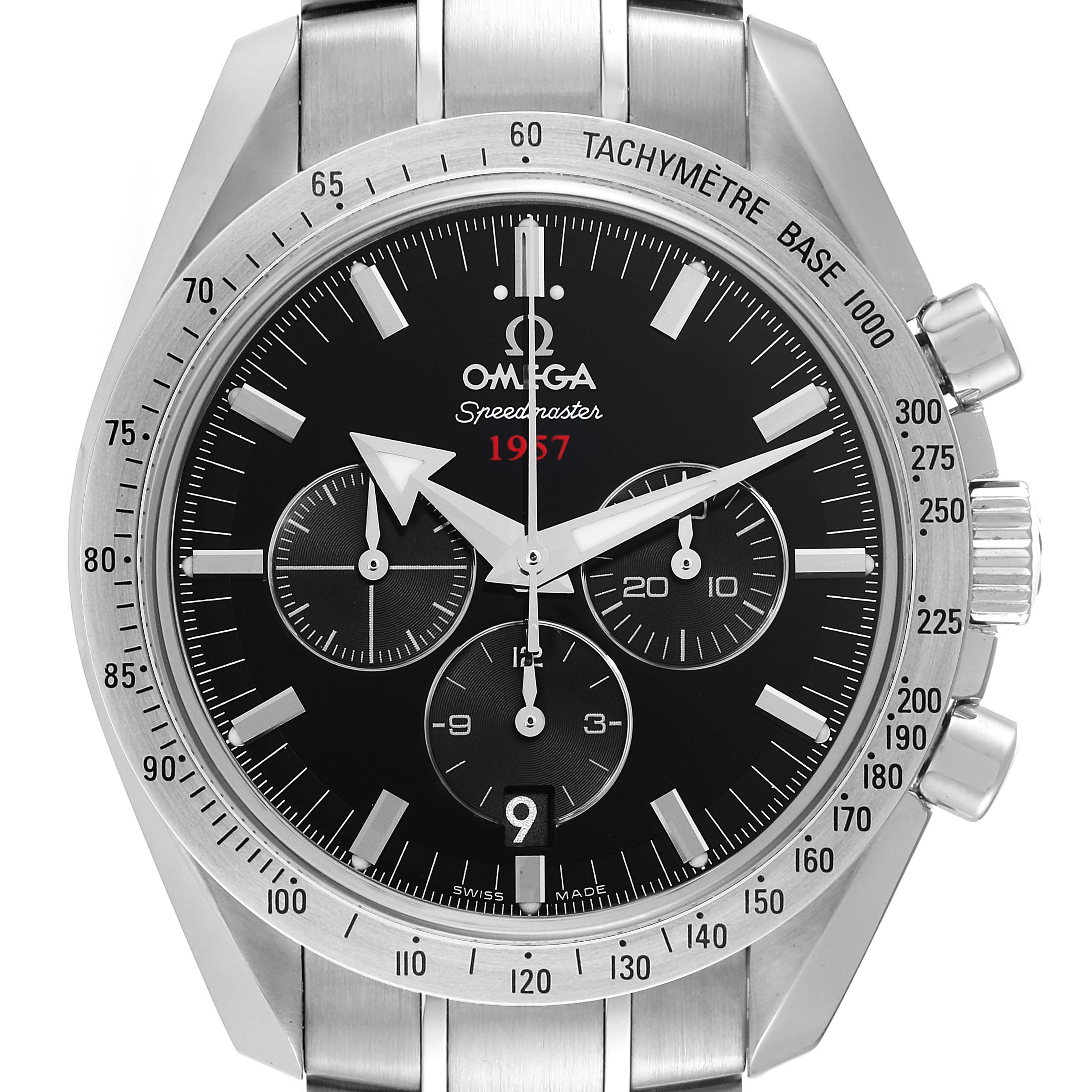 The image shows the dial, bezel, and part of the bracelet of the Omega Speedmaster 321.10.42.50.01.001 Men
s Stainless Steel Black Dial 321.10.42.50.01.001 Men
s Stainless Steel Black Dial 1957 watch, viewed from the front.