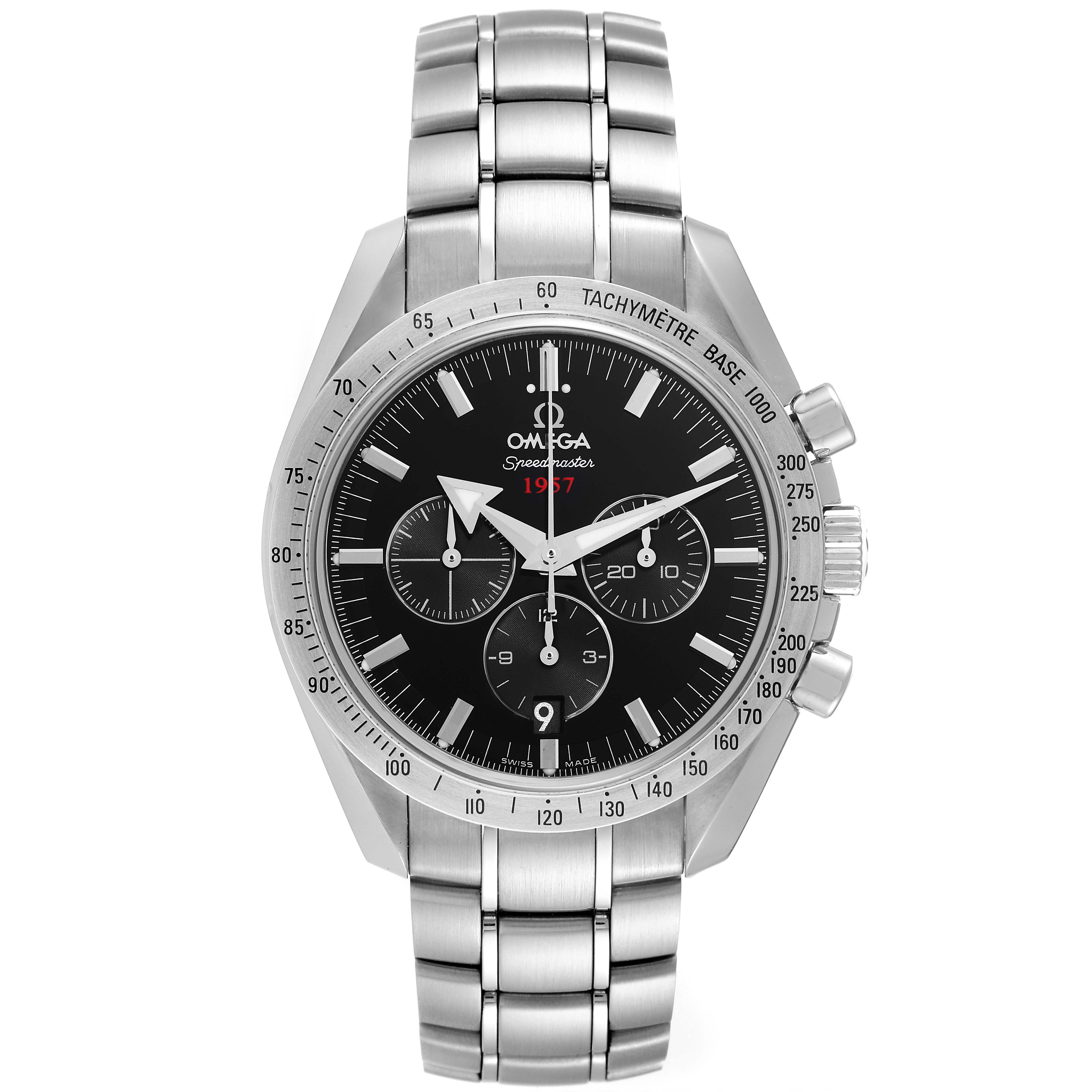 Front view of Omega Speedmaster 321.10.42.50.01.001 Men
s Stainless Steel Black Dial 321.10.42.50.01.001 Men
s Stainless Steel Black Dial watch showing the face, bezel, dial, subdials, and bracelet.
