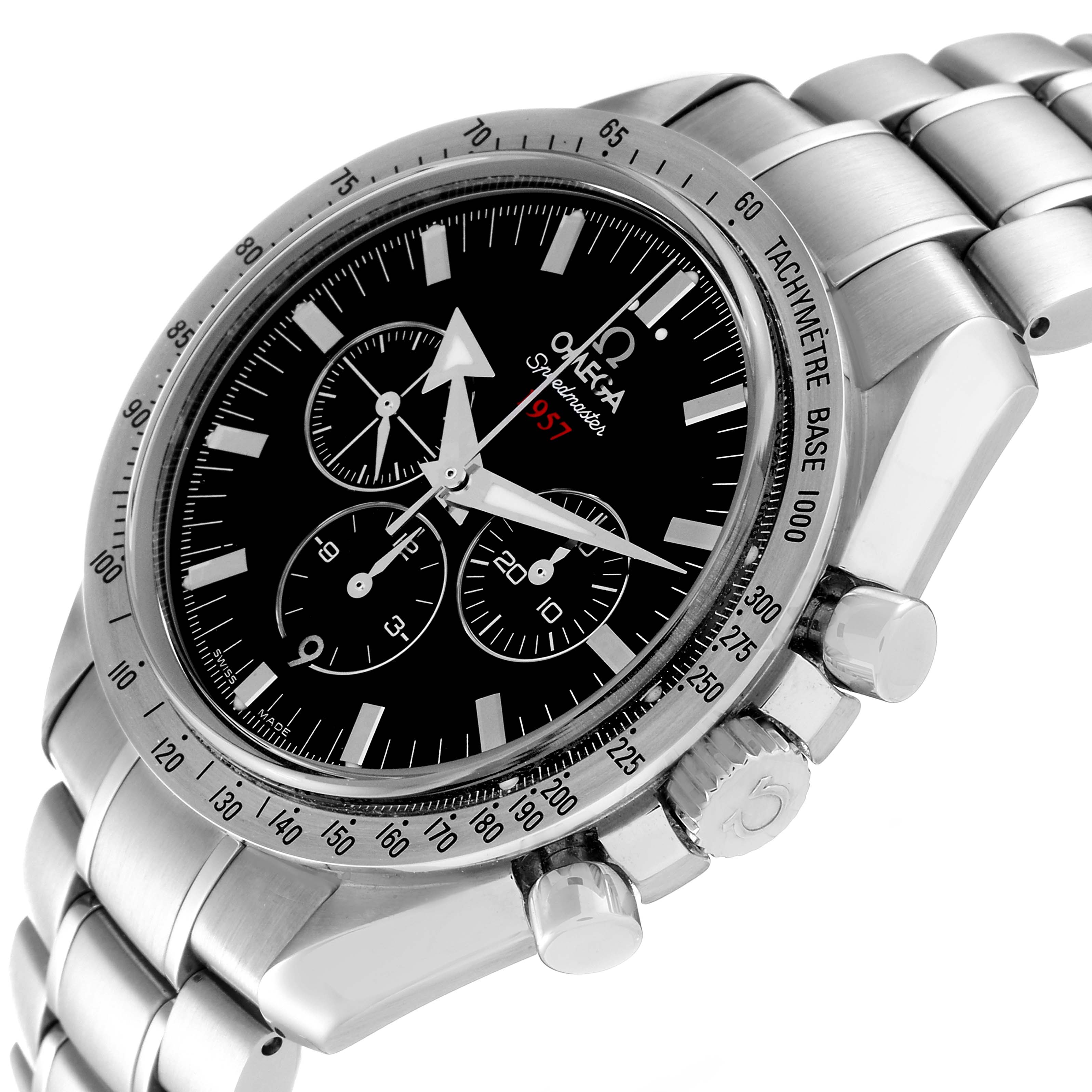 This is an angled view showing the dial, bezel, and part of the bracelet of the Omega Speedmaster 321.10.42.50.01.001 Men
s Stainless Steel Black Dial 321.10.42.50.01.001 Men
s Stainless Steel Black Dial watch.