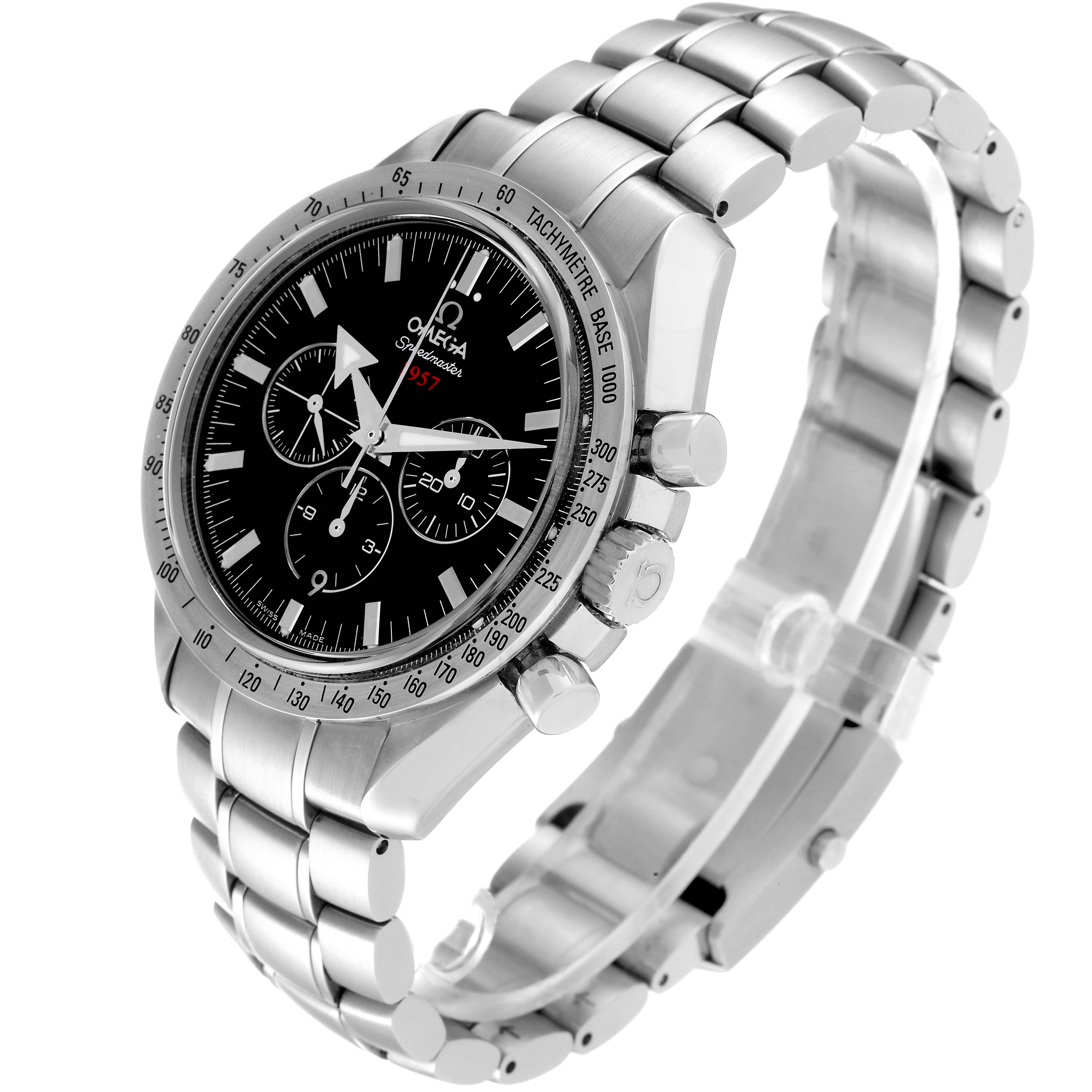The image shows a side angle of an Omega Speedmaster 321.10.42.50.01.001 Men
s Stainless Steel Black Dial 321.10.42.50.01.001 Men
s Stainless Steel Black Dial watch, displaying its stainless steel bracelet, case, dials, and crown.