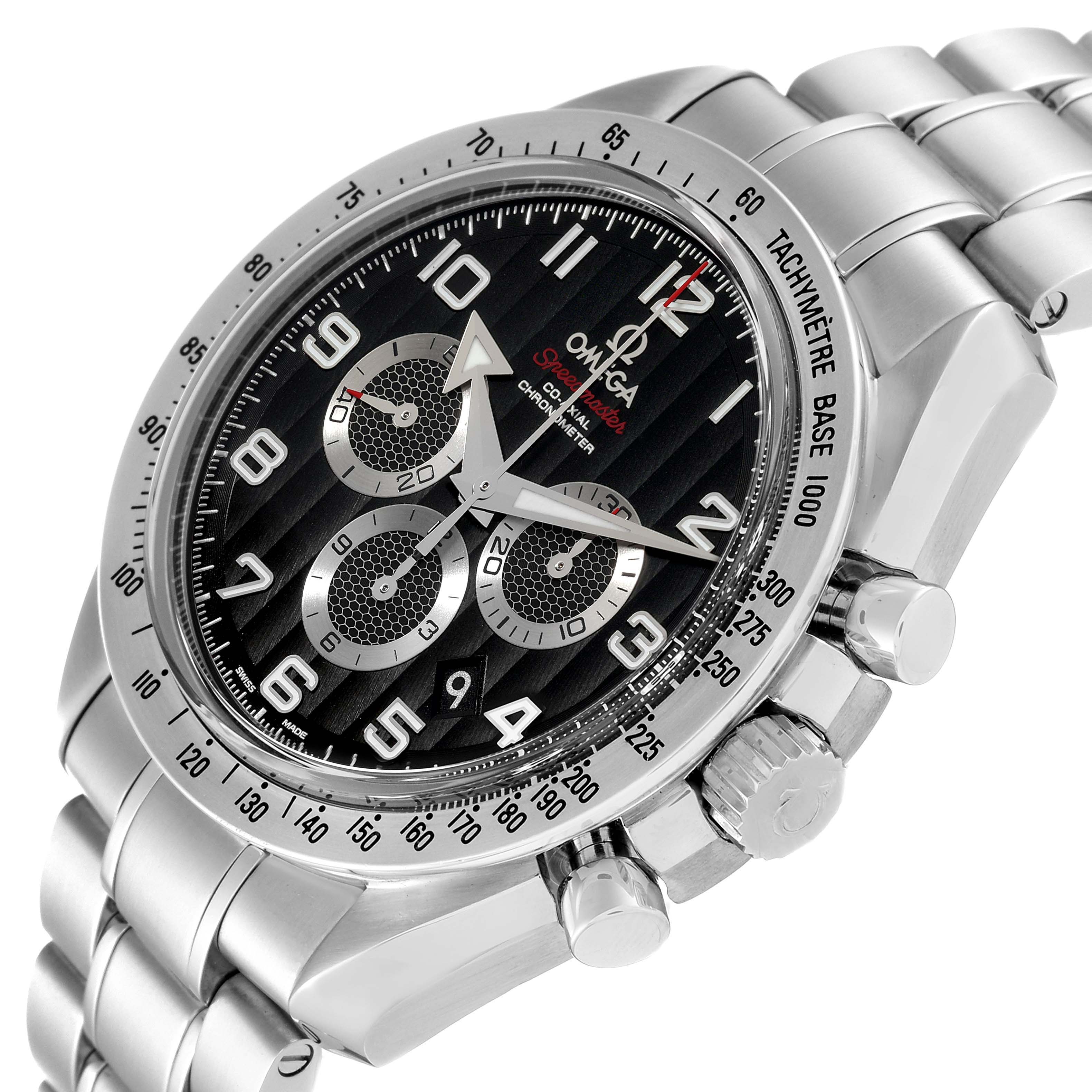 The Omega Speedmaster 321.10.44.50.01.001 Men
s Stainless Steel Black Dial 321.10.44.50.01.001 Men
s Stainless Steel Black Dial watch is shown from an angled close-up, highlighting the dial, bezel, crown, and chronograph pushers.