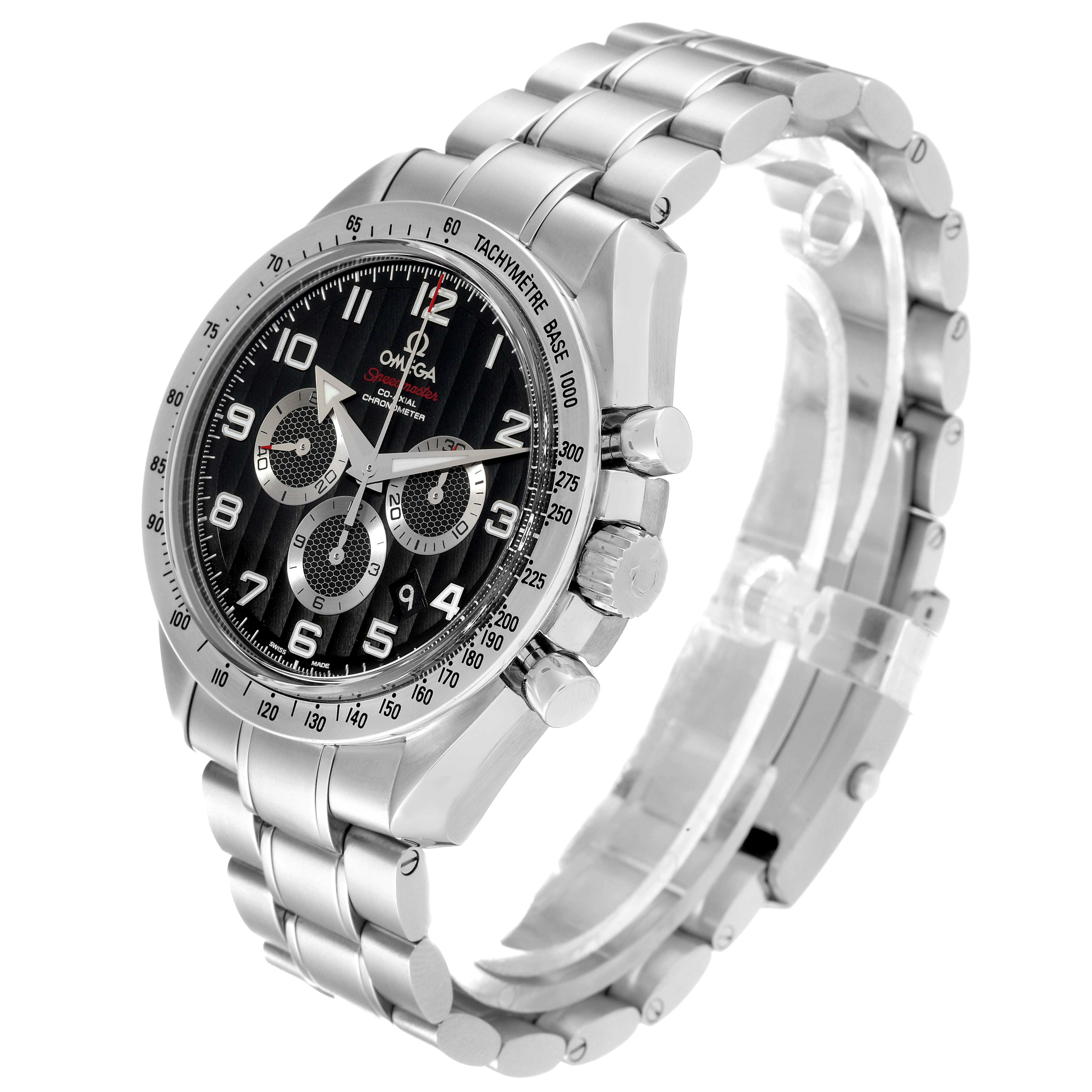 The image shows an Omega Speedmaster 321.10.44.50.01.001 Men
s Stainless Steel Black Dial 321.10.44.50.01.001 Men
s Stainless Steel Black Dial watch at a slight angle, highlighting the face, bezel, three subdials, and bracelet.