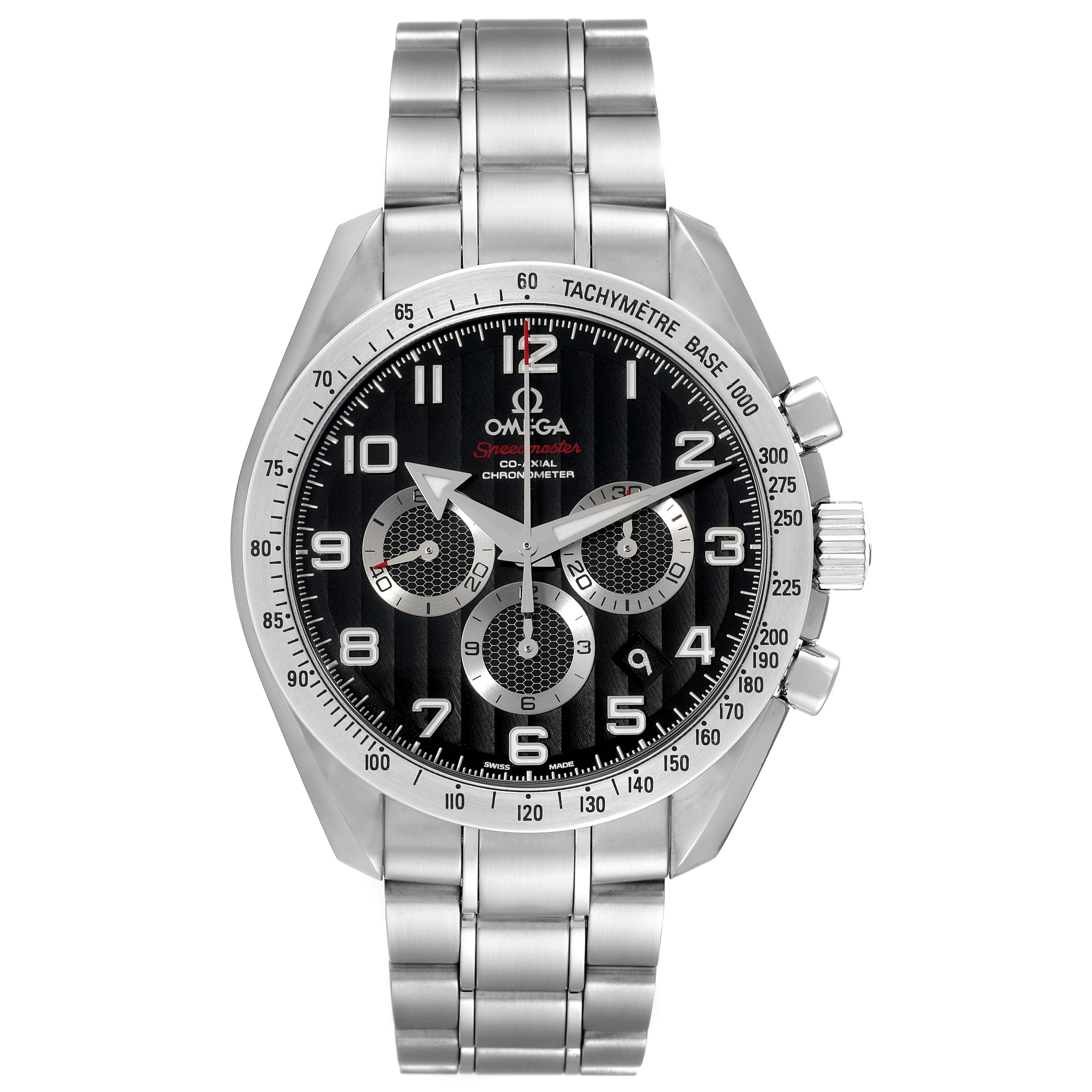 The image shows a front view of an Omega Speedmaster 321.10.44.50.01.001 Men
s Stainless Steel Black Dial 321.10.44.50.01.001 Men
s Stainless Steel Black Dial watch with a stainless steel bracelet and a black dial.