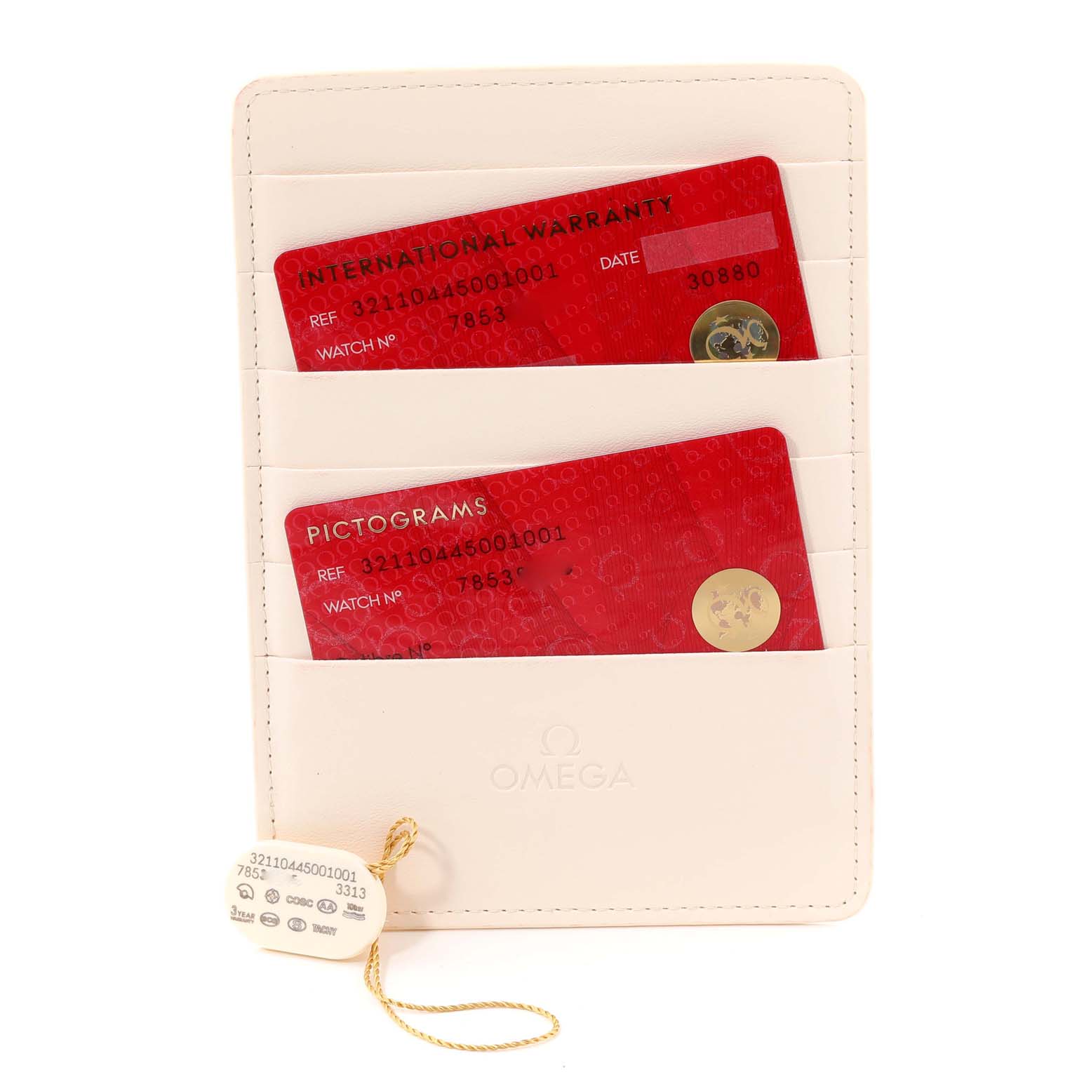 This image shows the warranty cards and tag for an Omega Speedmaster 321.10.44.50.01.001 Men
s Stainless Steel Black Dial 321.10.44.50.01.001 Men
s Stainless Steel Black Dial model in a leather card holder.