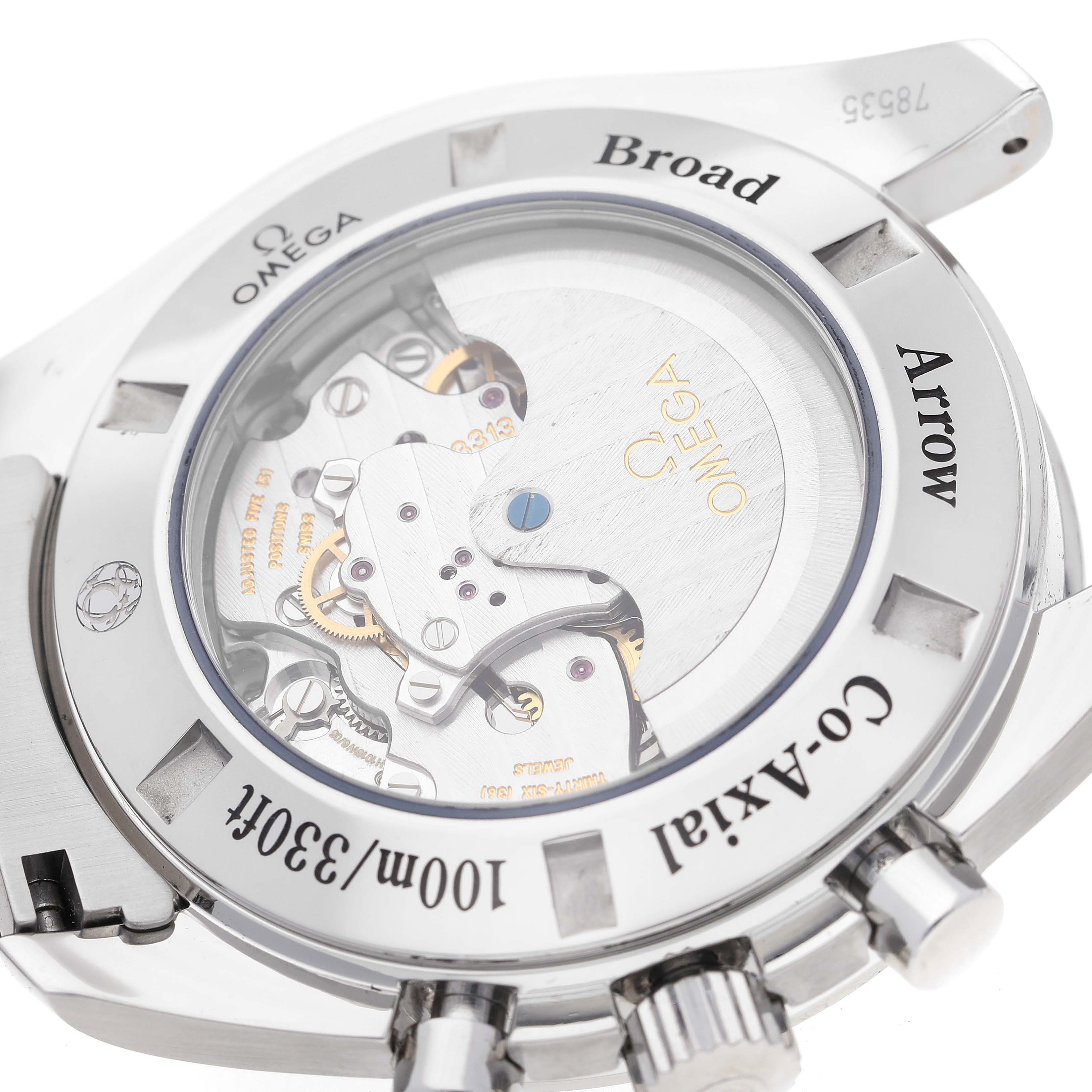 The image shows the case back of the Omega Speedmaster 321.10.44.50.01.001 Men
s Stainless Steel Black Dial 321.10.44.50.01.001 Men
s Stainless Steel Black Dial, highlighting the movement and engravings.