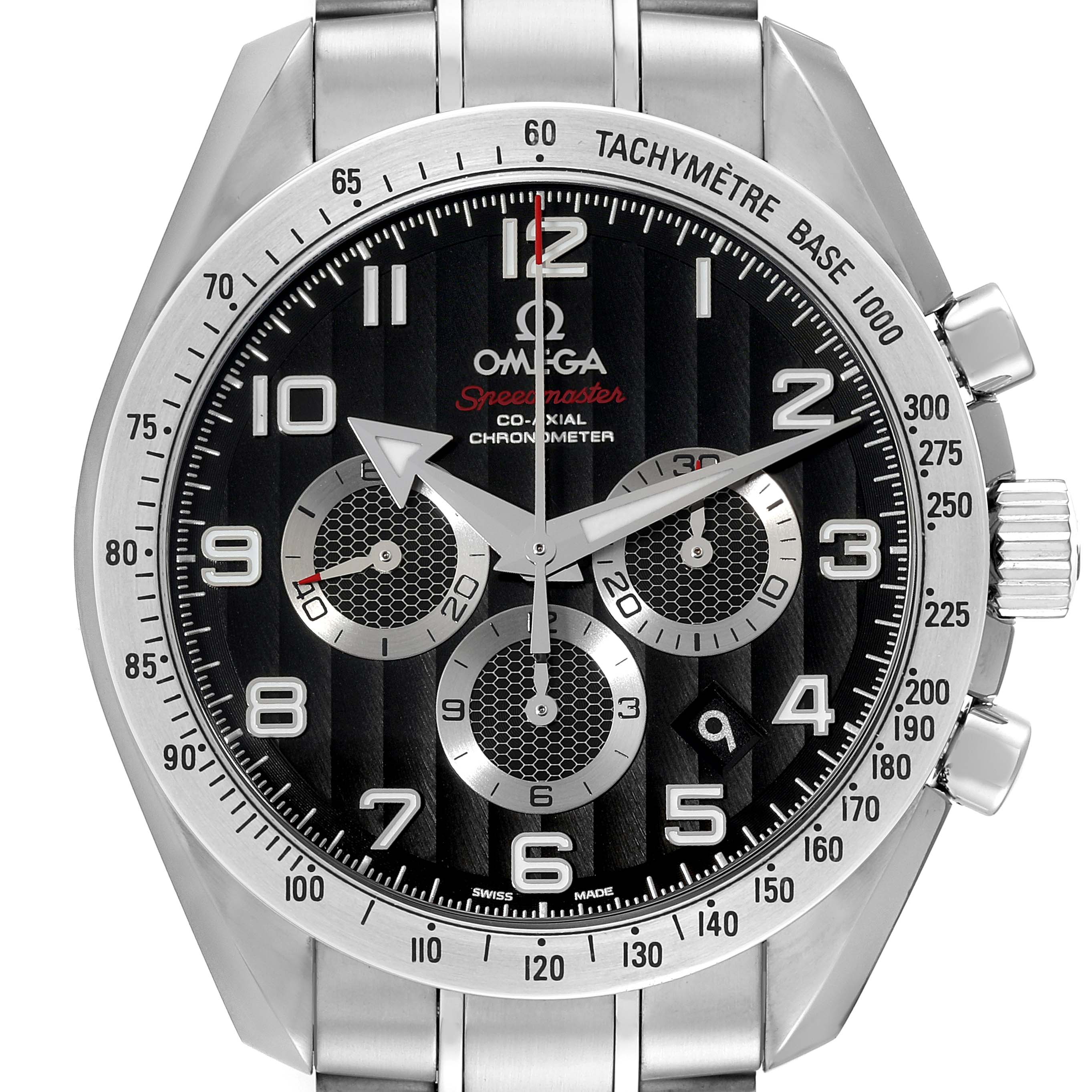 The image shows a front view of the Omega Speedmaster 321.10.44.50.01.001 Men
s Stainless Steel Black Dial 321.10.44.50.01.001 Men
s Stainless Steel Black Dial watch, highlighting its chronograph dials, tachymeter scale, and stainless steel bracelet.