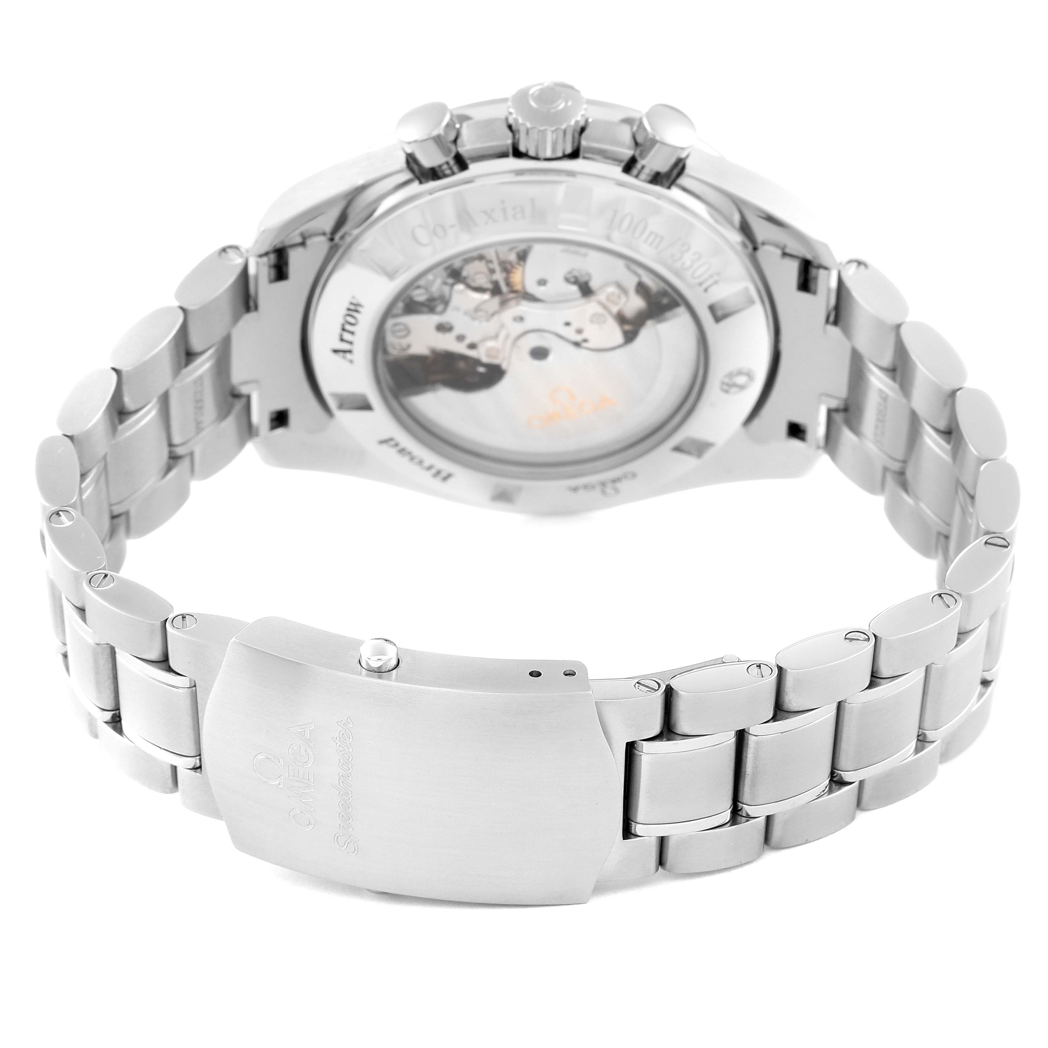 This image shows the back case and bracelet of an Omega Speedmaster 321.10.44.50.01.001 Men
s Stainless Steel Black Dial 321.10.44.50.01.001 Men
s Stainless Steel Black Dial watch from a rear angle.