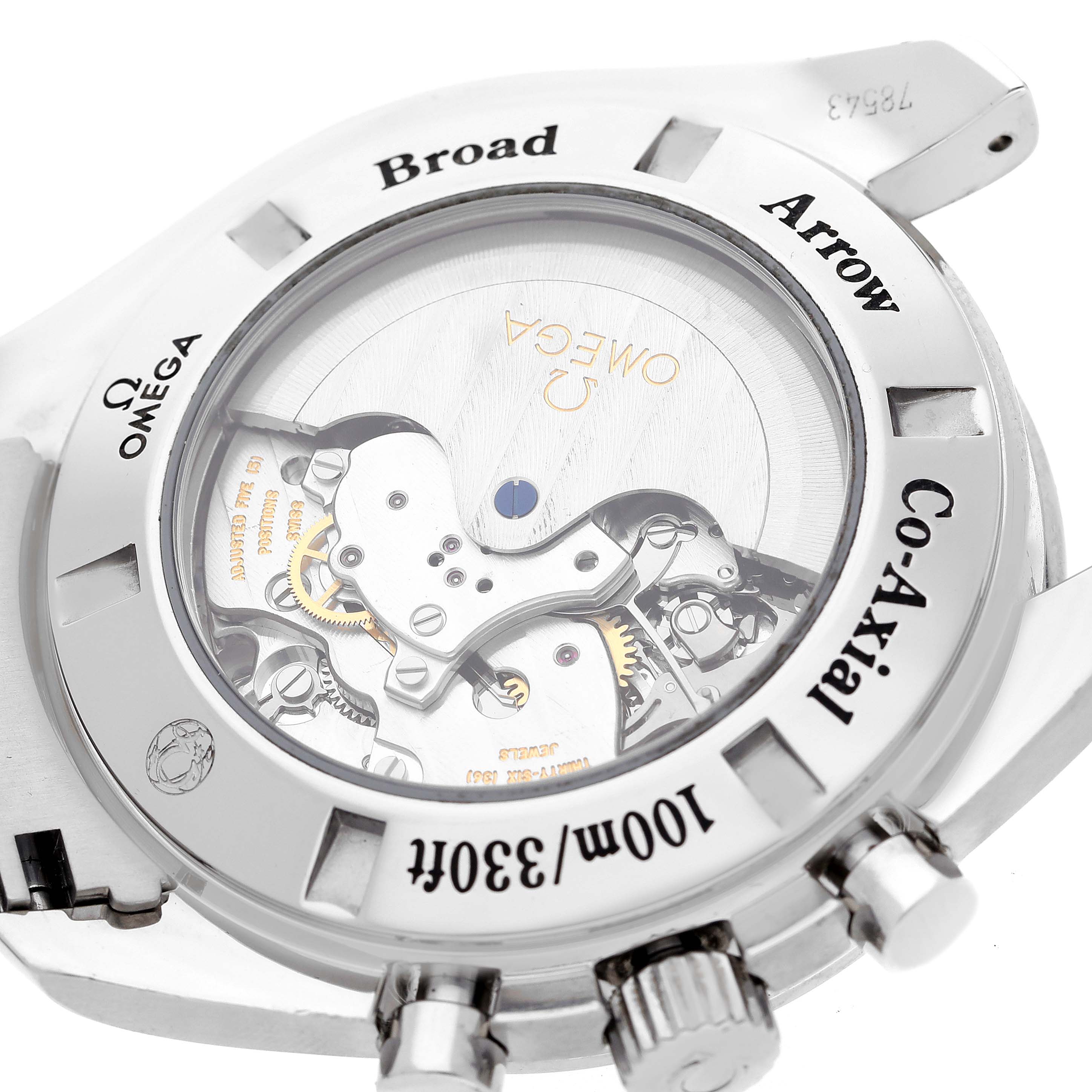 The image shows the case back of an Omega Speedmaster 321.10.44.50.01.001 Men
s Stainless Steel Black Dial 321.10.44.50.01.001 Men
s Stainless Steel Black Dial watch, revealing the movement and engraving details.