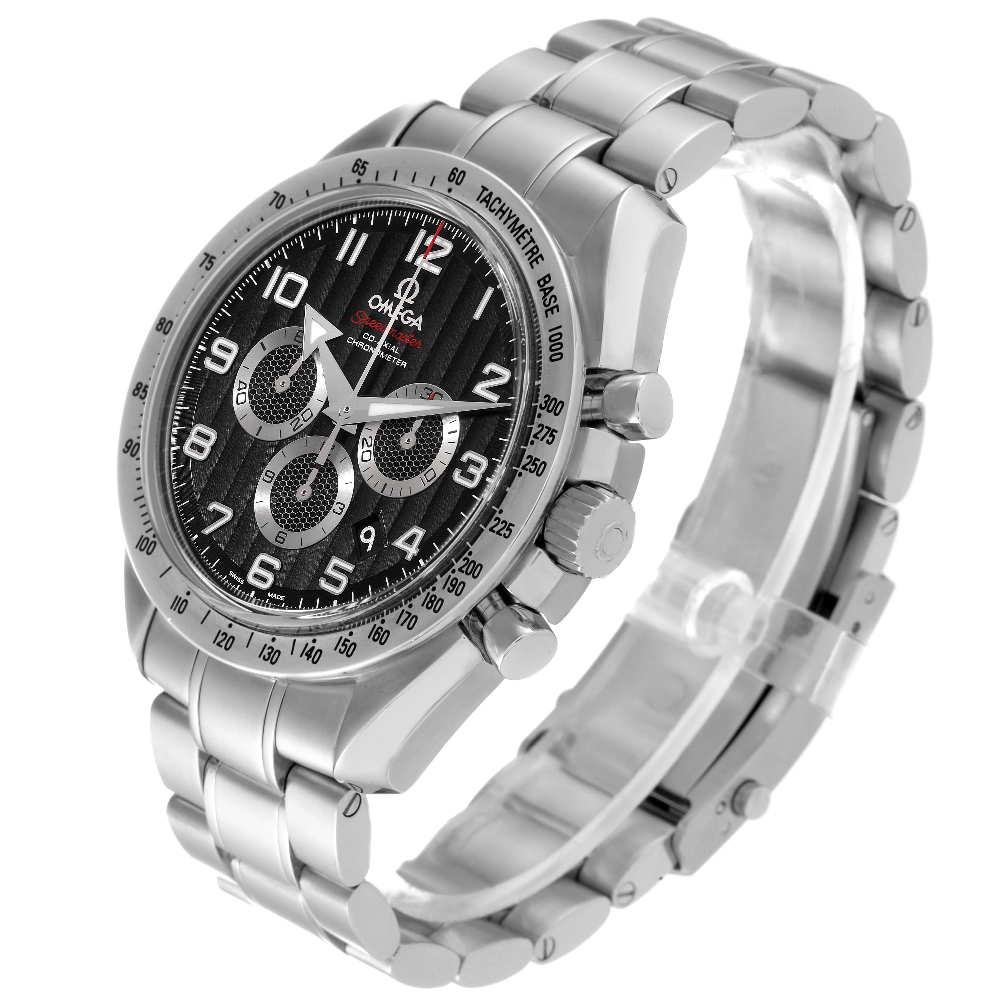 This image shows an Omega Speedmaster 321.10.44.50.01.001 Men
s Stainless Steel Black Dial 321.10.44.50.01.001 Men
s Stainless Steel Black Dial watch at a three-quarter angle, highlighting the face, bezel, and metal bracelet.