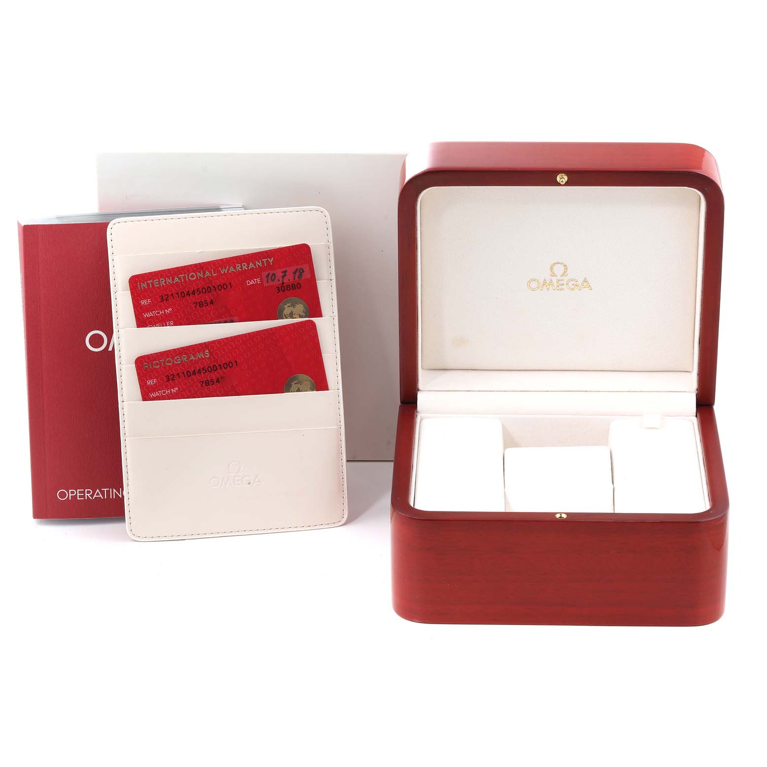 The image shows an Omega Speedmaster 321.10.44.50.01.001 Men
s Stainless Steel Black Dial 321.10.44.50.01.001 Men
s Stainless Steel Black Dial box, warranty cards, instruction manual, and red Omega cardholder.