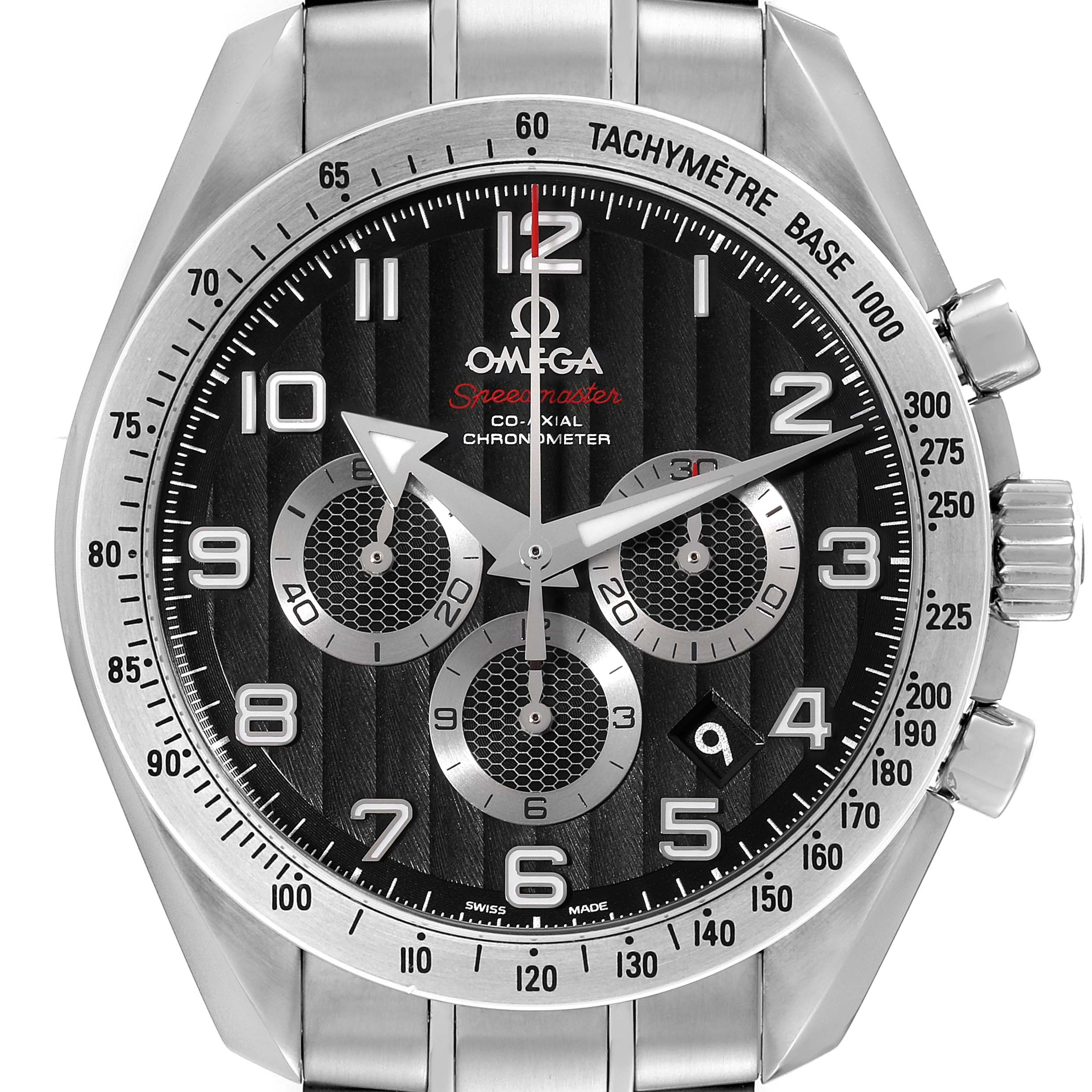 This image features a front view of an Omega Speedmaster 321.10.44.50.01.001 Men
s Stainless Steel Black Dial 321.10.44.50.01.001 Men
s Stainless Steel Black Dial watch displaying its dial, bezel, and chronograph functions.