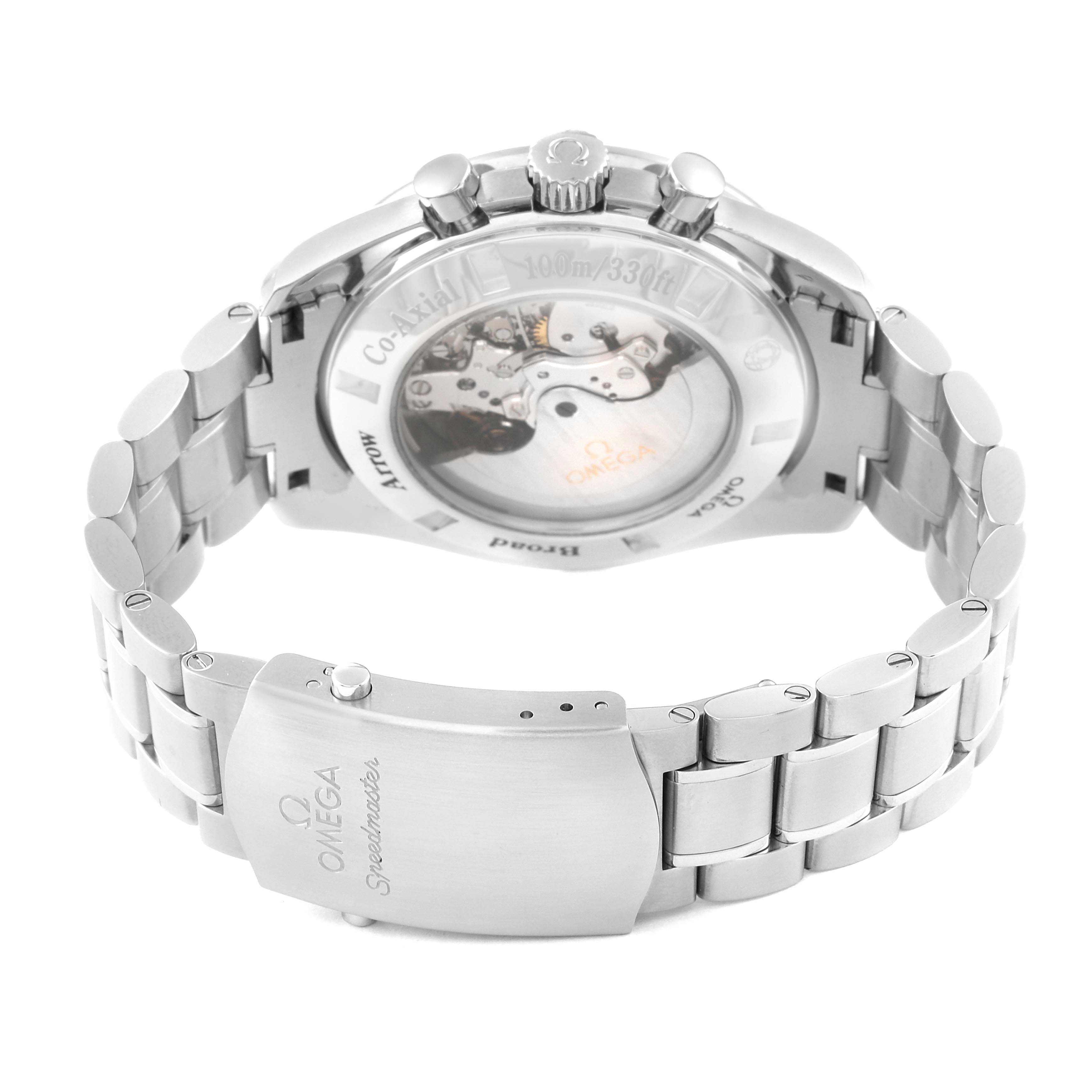 The Omega Speedmaster 321.10.44.50.01.001 Men
s Stainless Steel Black Dial 321.10.44.50.01.001 Men
s Stainless Steel Black Dial watch is shown from the rear angle, highlighting the transparent case back and part of the metal bracelet.