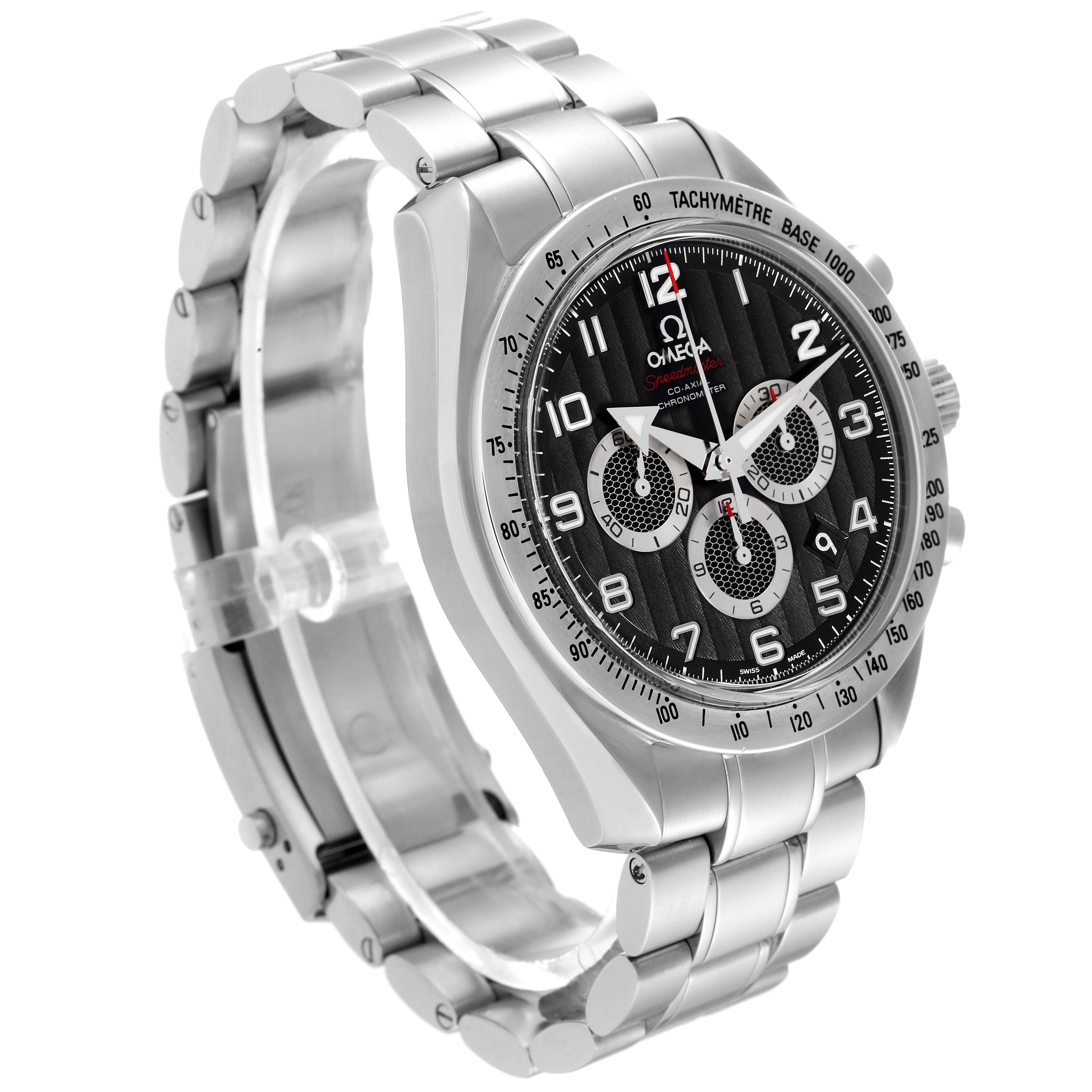 The image shows an Omega Speedmaster 321.10.44.50.01.001 Men
s Stainless Steel Black Dial 321.10.44.50.01.001 Men
s Stainless Steel Black Dial watch at a three-quarter angle, highlighting its face, tachymeter bezel, and bracelet.