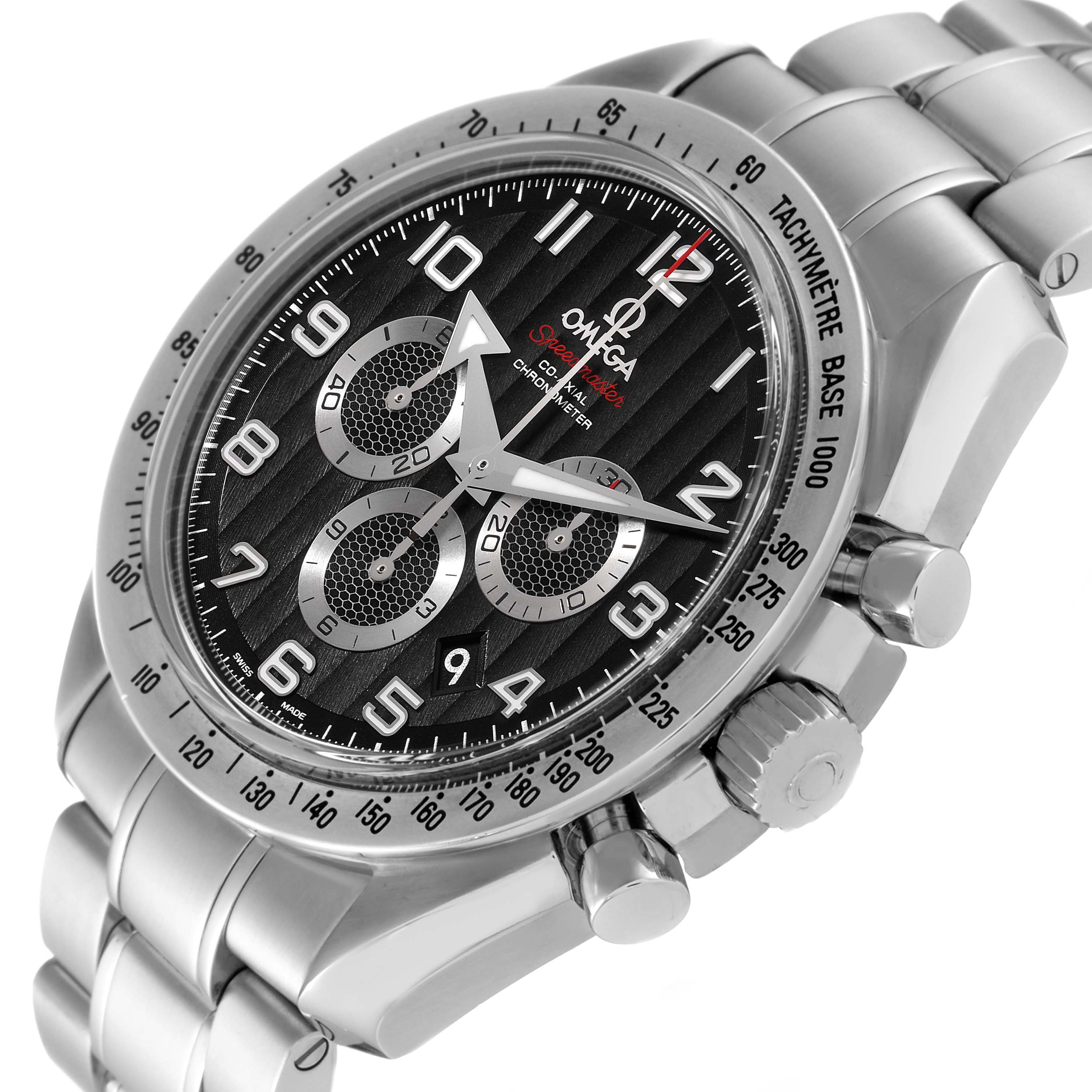 The image shows an angled view of an Omega Speedmaster 321.10.44.50.01.001 Men
s Stainless Steel Black Dial 321.10.44.50.01.001 Men
s Stainless Steel Black Dial watch, highlighting the face, bezel, and bracelet.