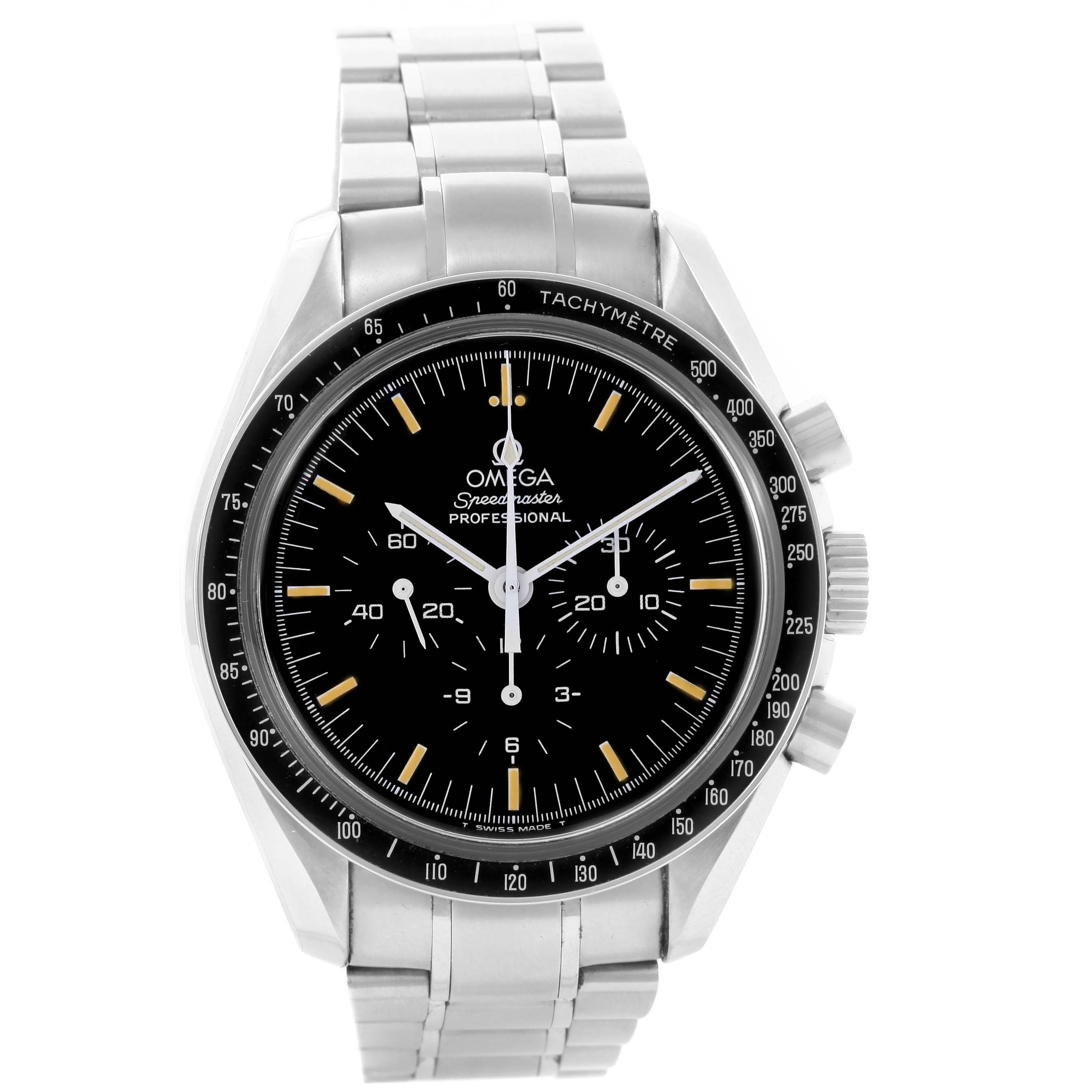 This image shows a front angle of an Omega Speedmaster 3572.50.00 Men
s Stainless Steel Black Dial 3572.50.00 Men
s Stainless Steel Black Dial watch, displaying its face, bezel, and stainless steel bracelet.