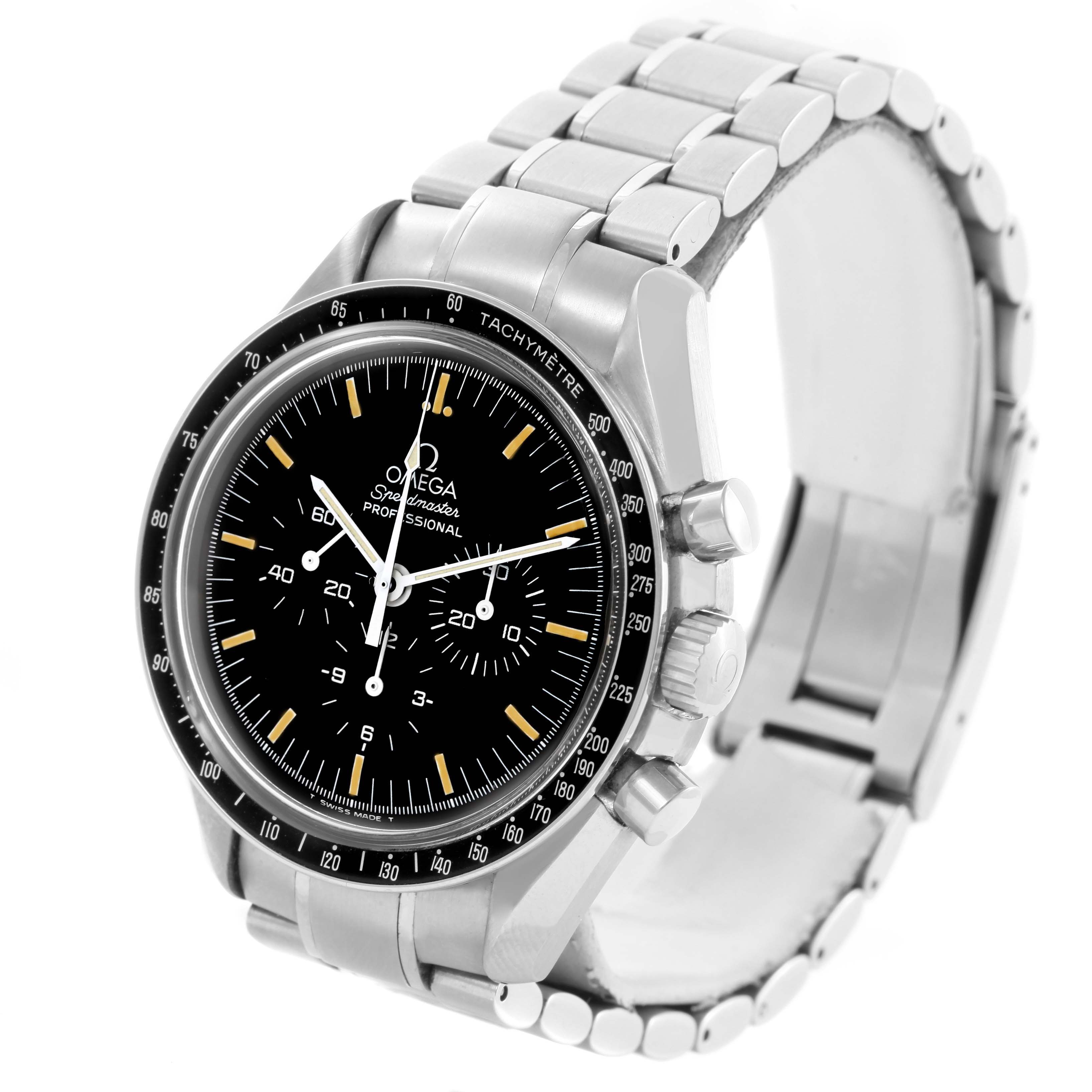 The Omega Speedmaster 3572.50.00 Men
s Stainless Steel Black Dial 3572.50.00 Men
s Stainless Steel Black Dial watch is shown at a three-quarter angle, highlighting the face, bezel, pushers, and metal bracelet.