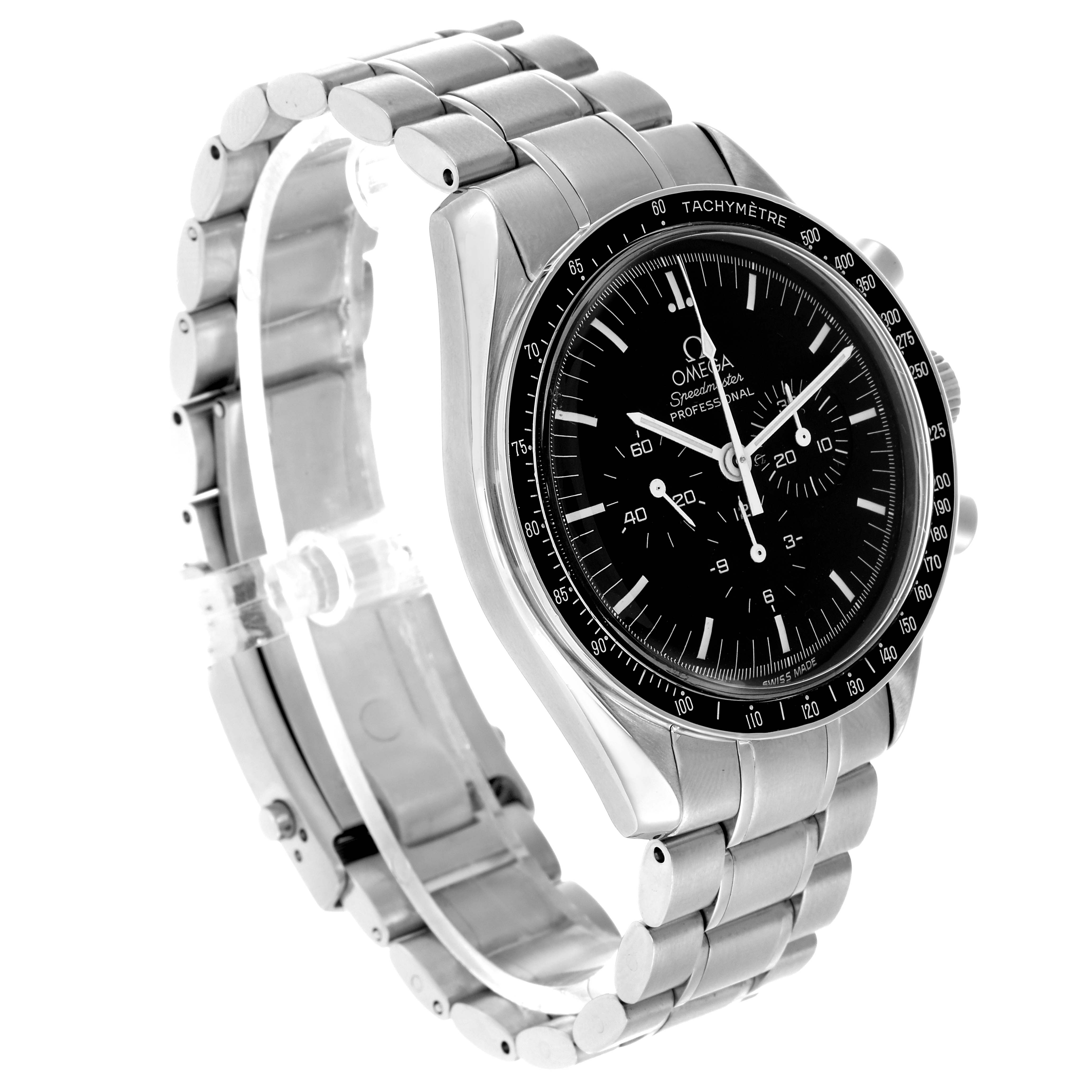 The Omega Speedmaster 3572.50.00 Men's Stainless Steel Black Dial watch is shown at an angle highlighting the face, bezel, and metallic bracelet.