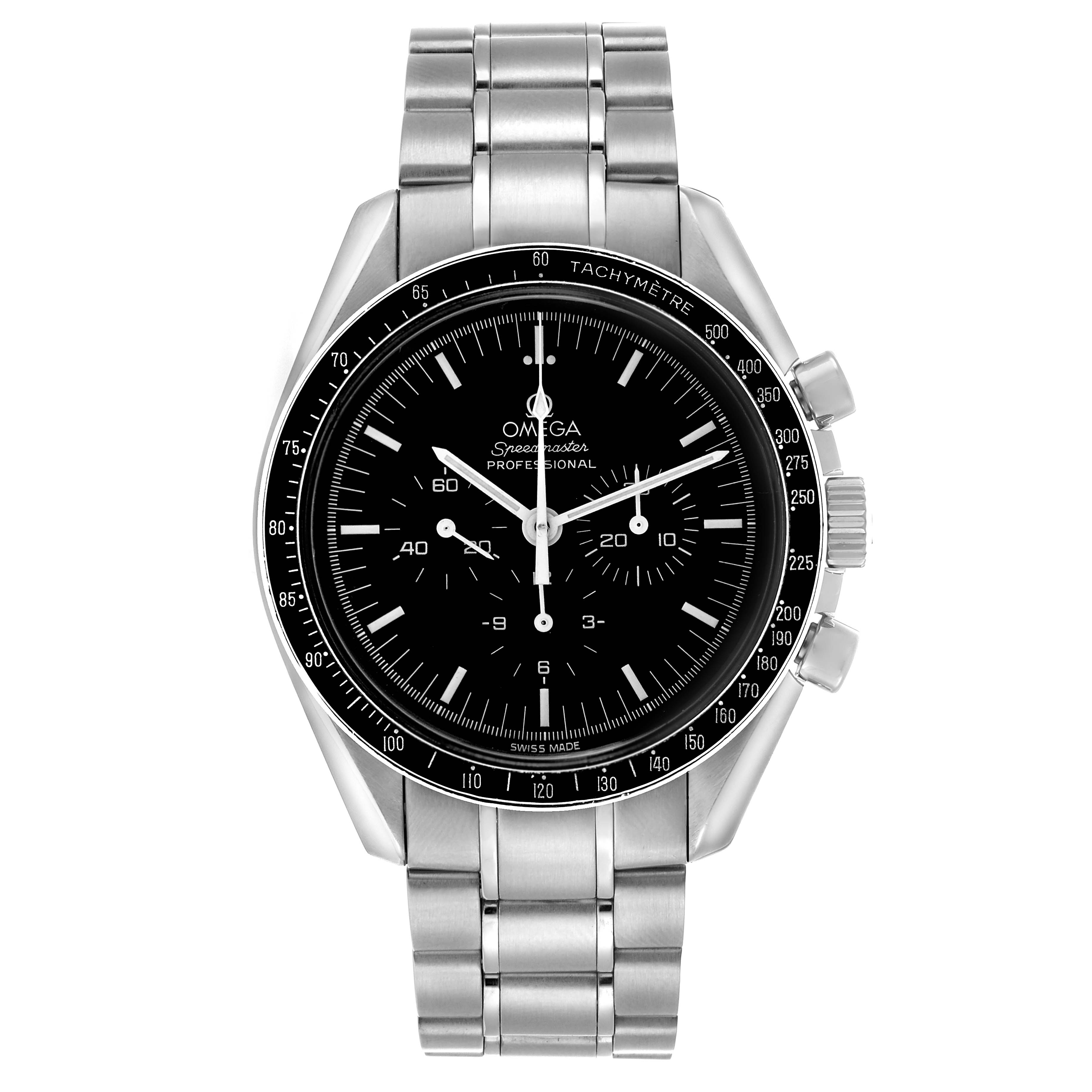 The Omega Speedmaster 3572.50.00 Men's Stainless Steel Black Dial is shown from a front angle, displaying the dial, bezel, chronograph pushers, and bracelet.