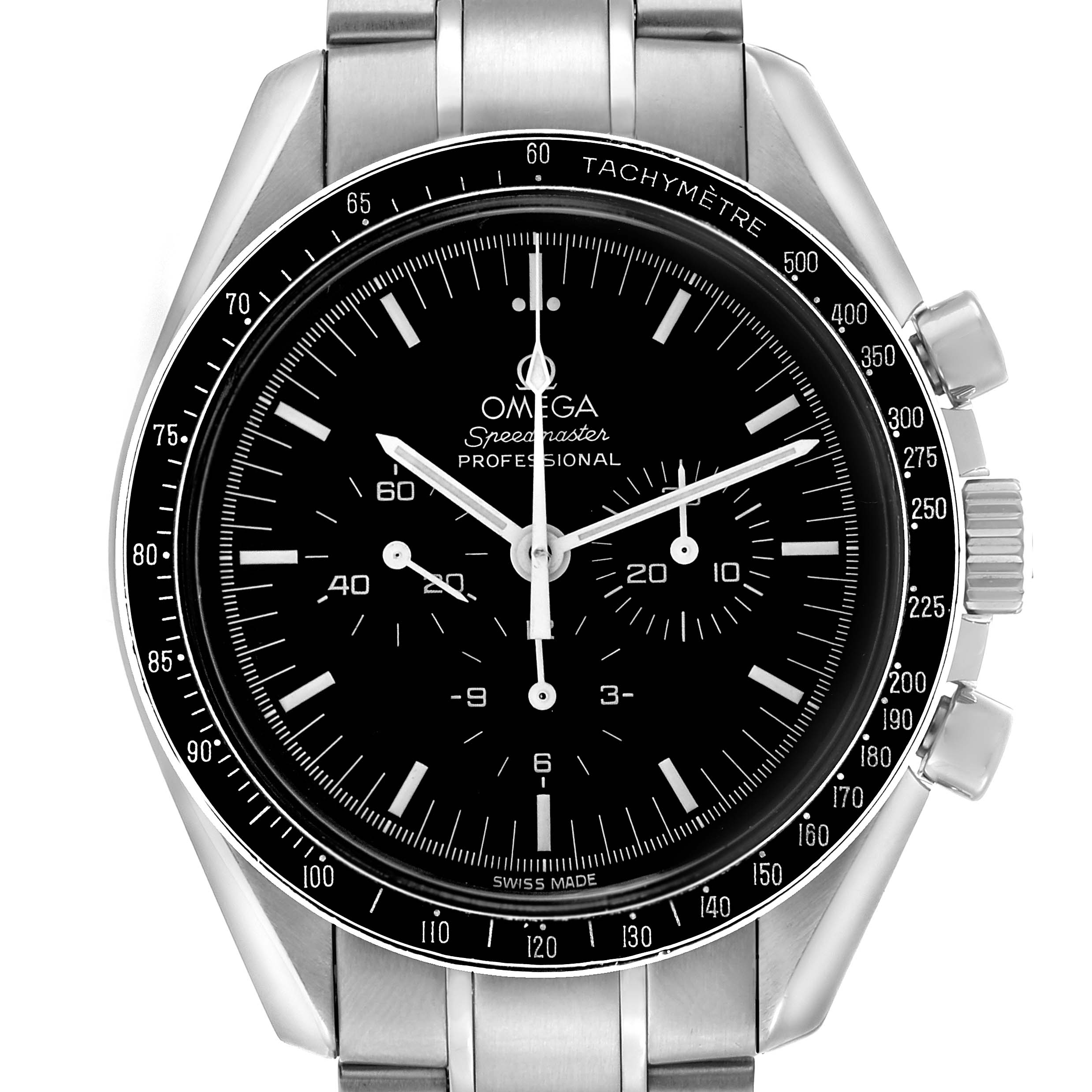 The Omega Speedmaster 3572.50.00 Men's Stainless Steel Black Dial watch is shown from a front angle, displaying its bezel, dial, sub-dials, and bracelet.