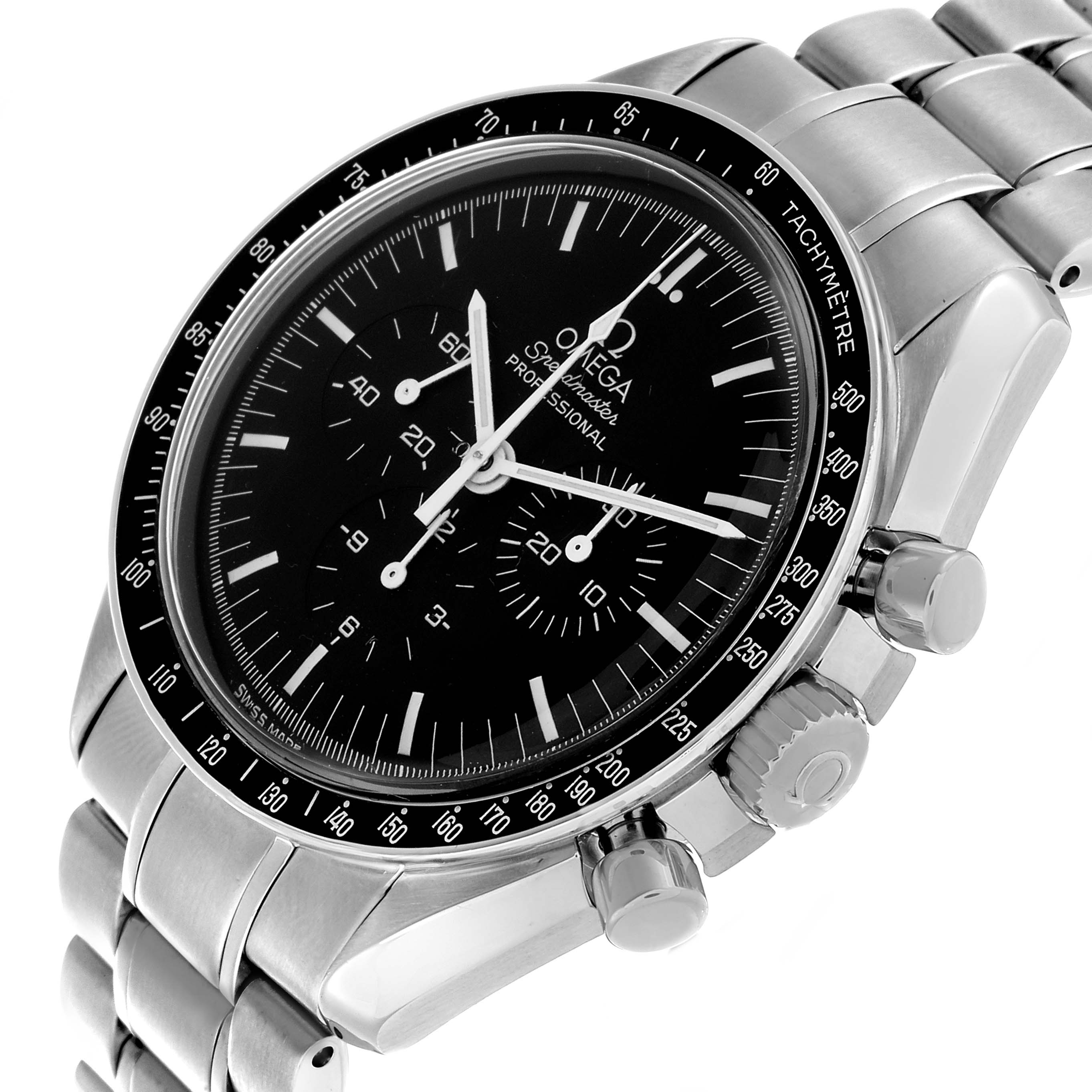 The Omega Speedmaster 3572.50.00 Men's Stainless Steel Black Dial is shown at a slight angle, displaying its bezel, dial, chronograph sub-dials, and bracelet with crown and pushers.