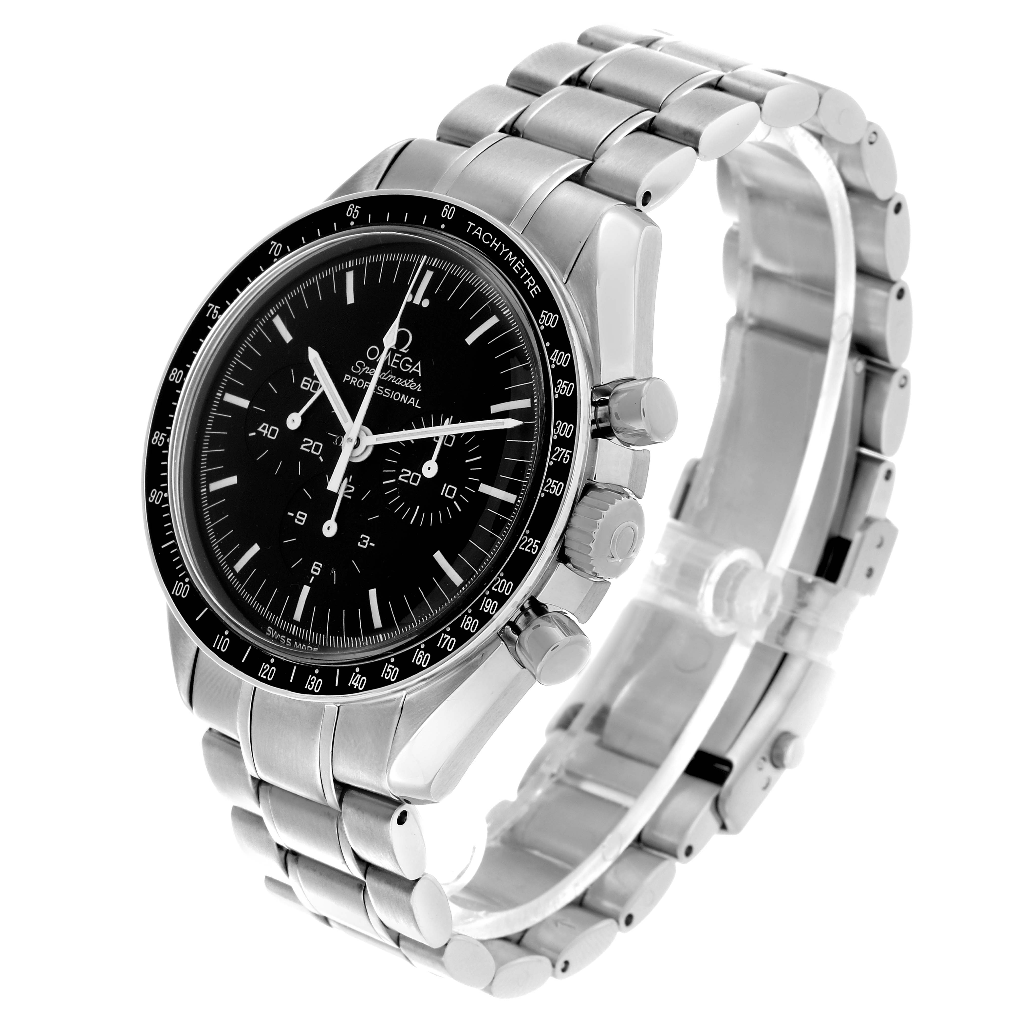 The Omega Speedmaster 3572.50.00 Men's Stainless Steel Black Dial watch is shown at a three-quarter angle, highlighting the dial, bezel, crown, and bracelet.