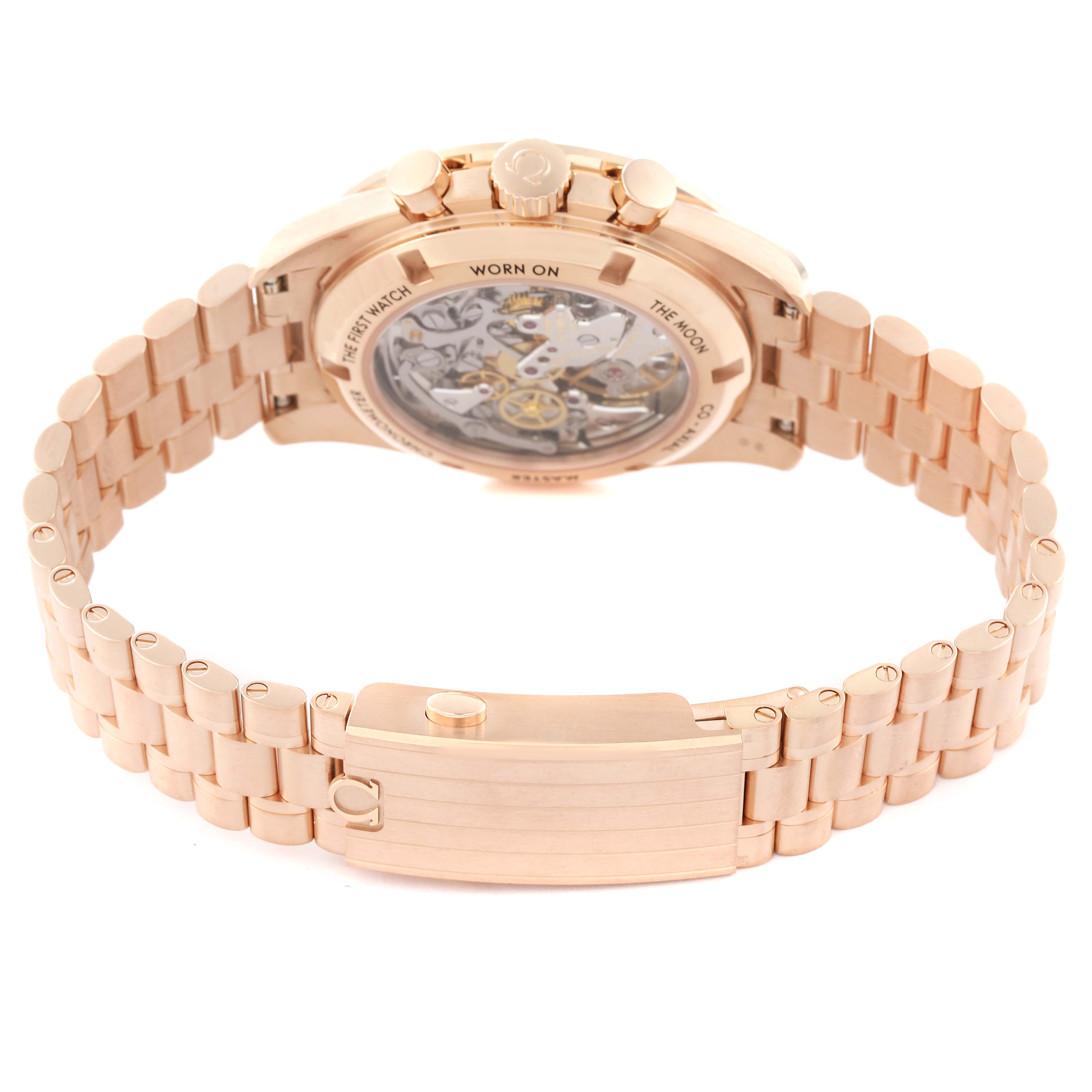 The Omega Speedmaster 310.60.42.50.01.001 Men's Rose Gold Black Dial is shown from the back, highlighting the exhibition case back and metal bracelet.