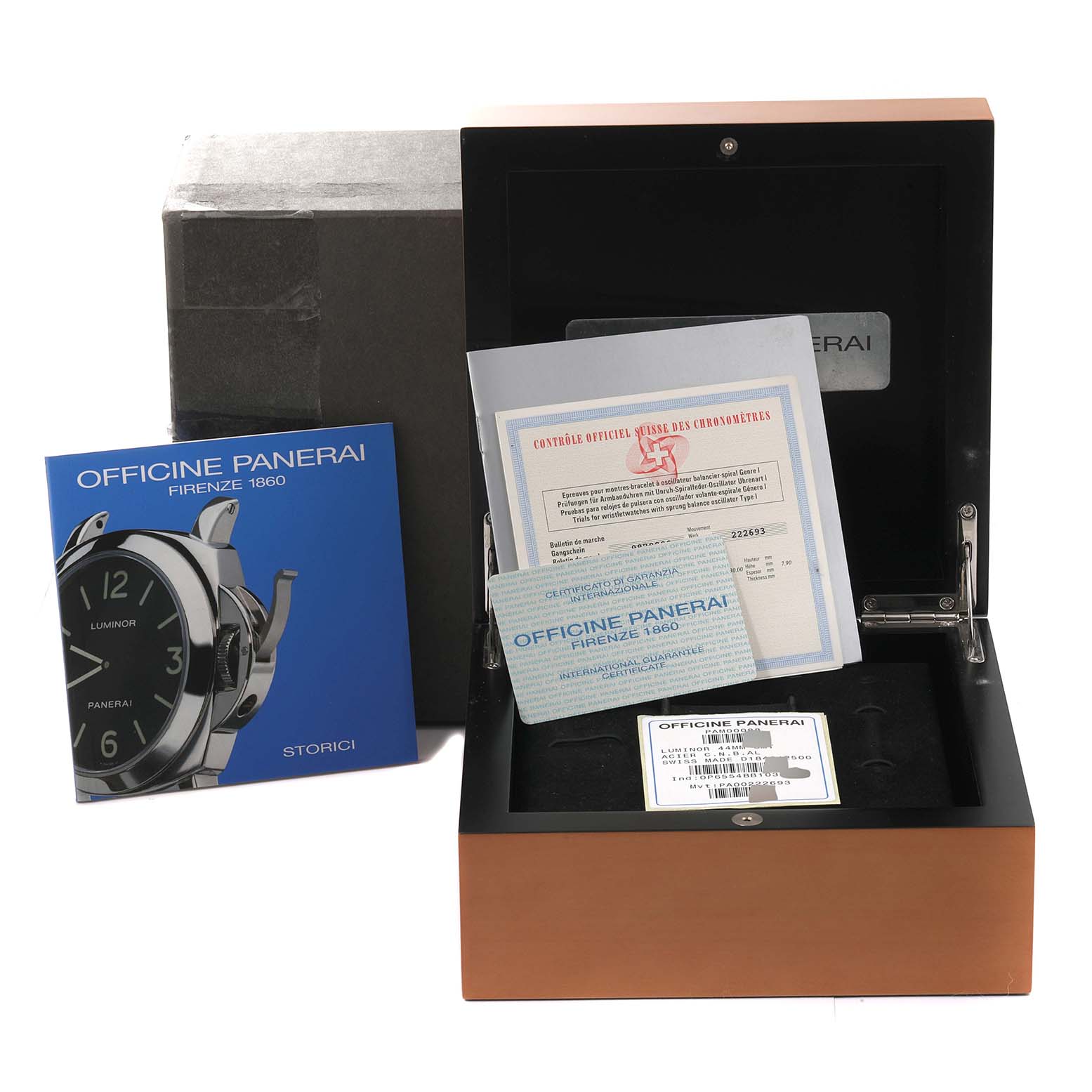 The image shows the packaging and documents for a Panerai Luminor PAM00088 Men's Stainless Steel Black Dial watch, including a box, manual, and certificates.