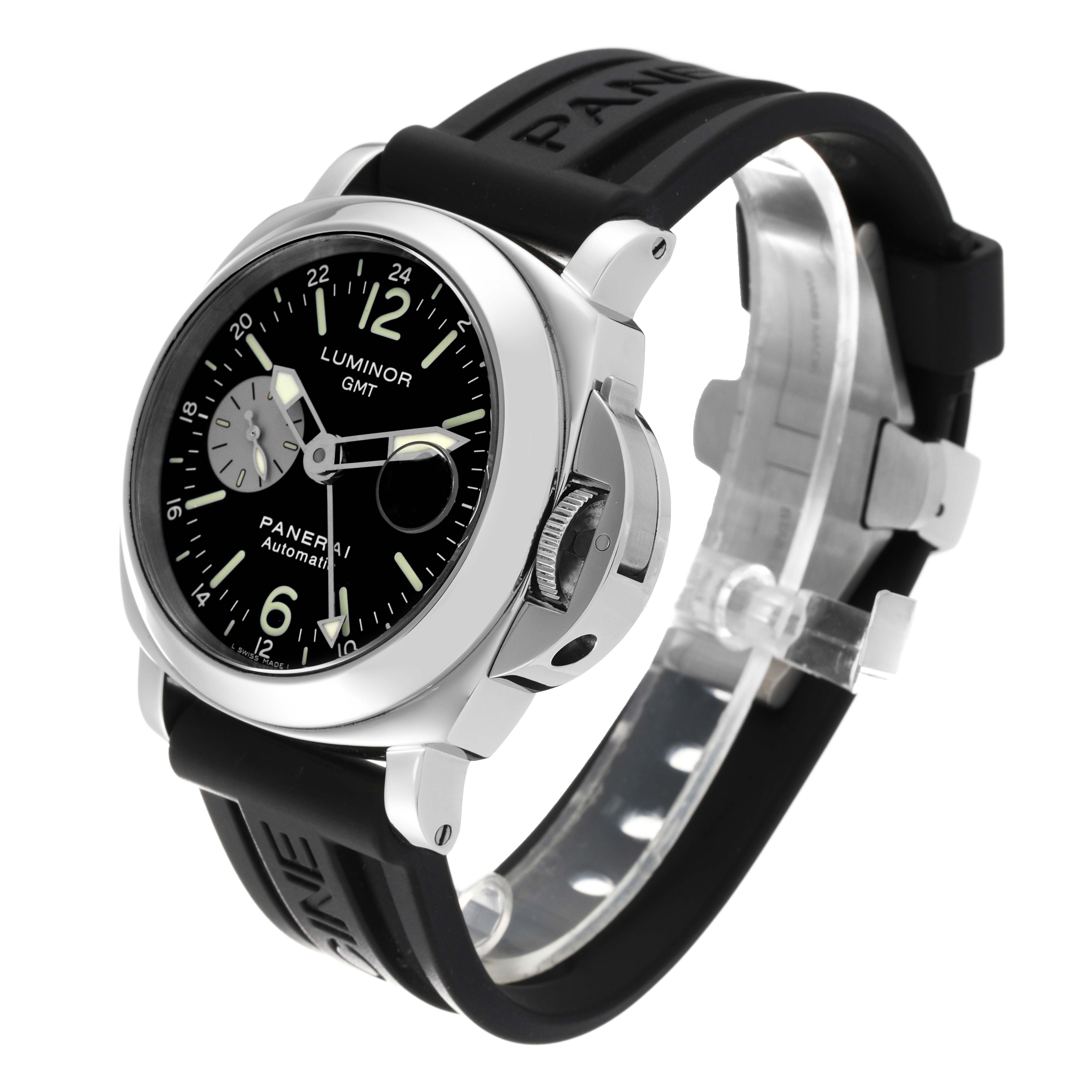 The Panerai Luminor PAM00088 Men's Stainless Steel Black Dial watch is shown at a slight side angle, highlighting the dial, crown guard, and strap.