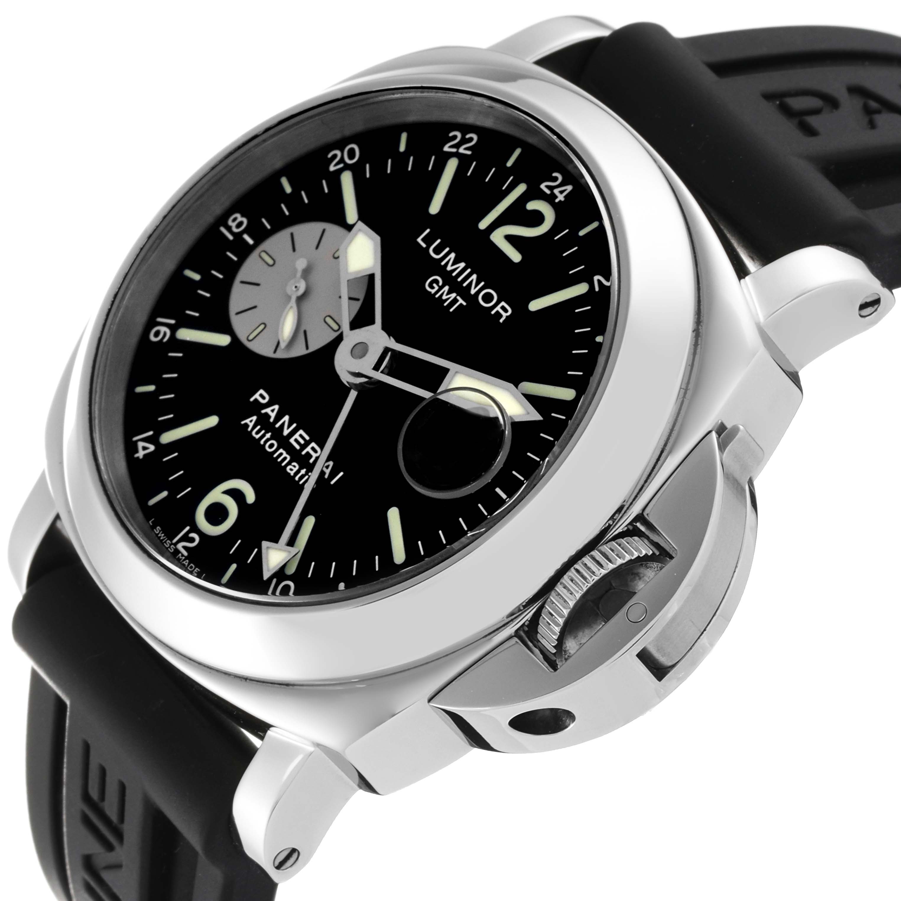 The Panerai Luminor PAM00088 Men's Stainless Steel Black Dial watch is shown at a side angle featuring the face, crown guard, and strap.