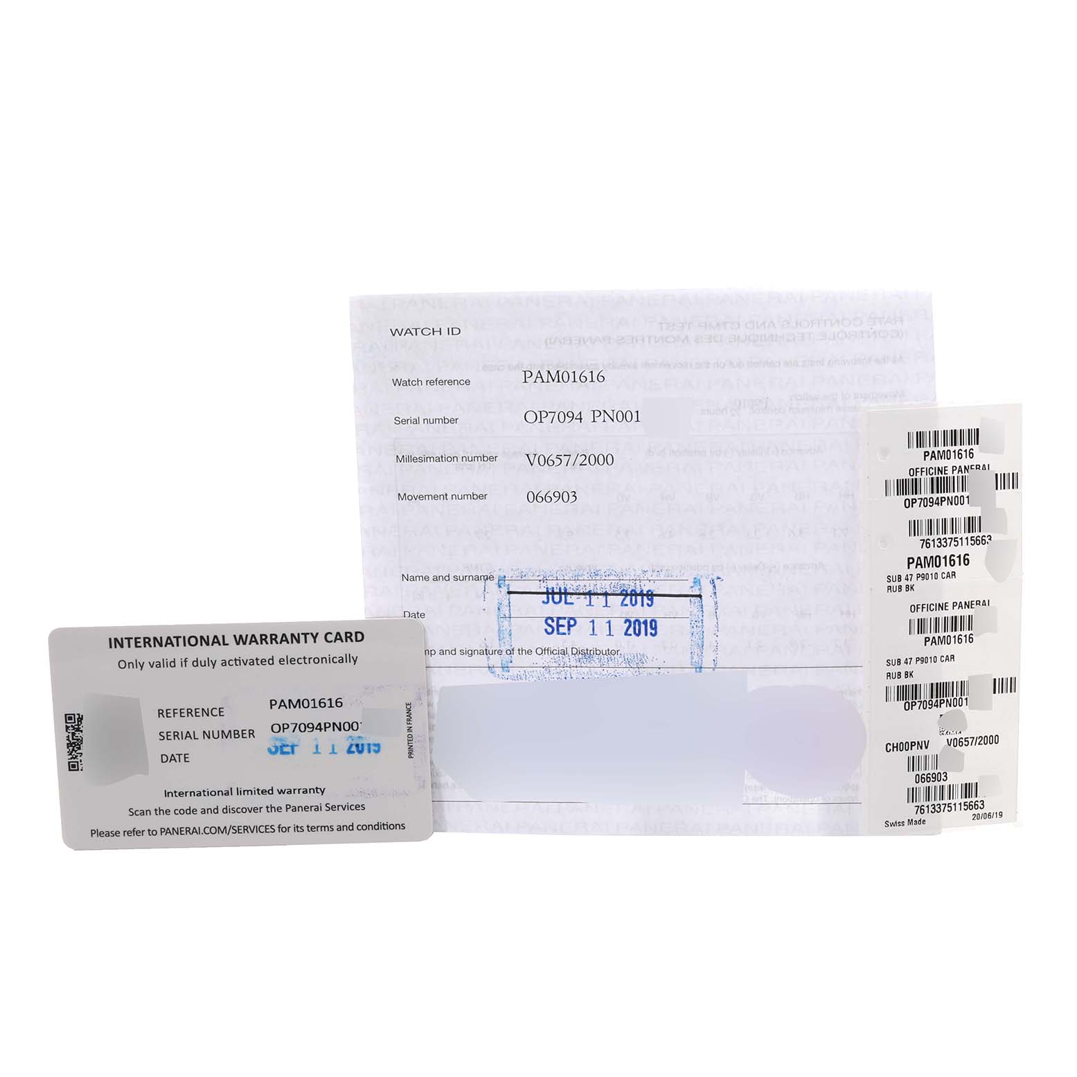 The image shows the warranty card, paperwork, and labels for the Panerai Submersible PAM01616 Men's Titanium Black Dial PAM01616 Men's Titanium Black Dial model PAM01616.