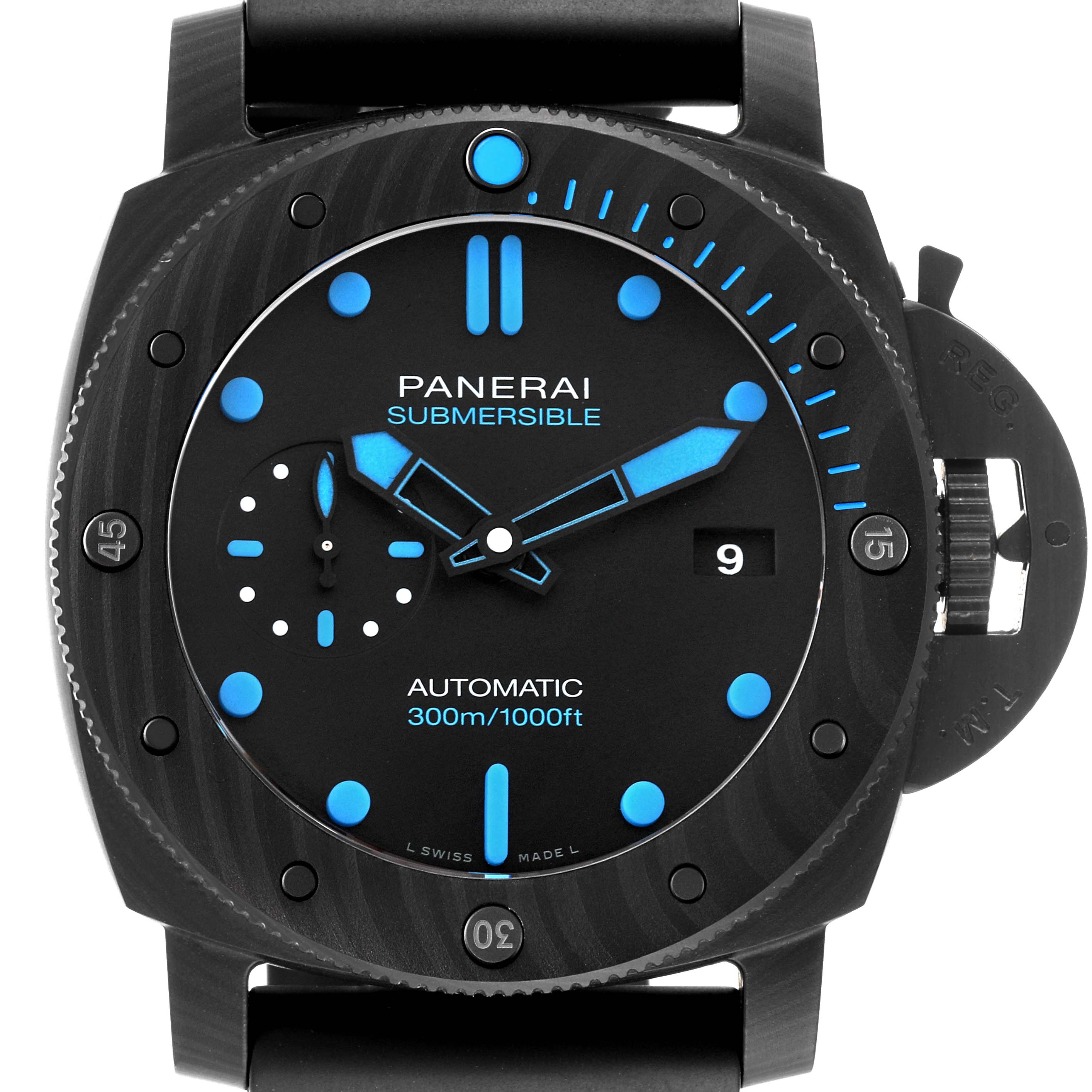 The image shows a front view of a Panerai Submersible PAM01616 Men's Titanium Black Dial PAM01616 Men's Titanium Black Dial watch, highlighting its dial, hands, markers, and bezel.