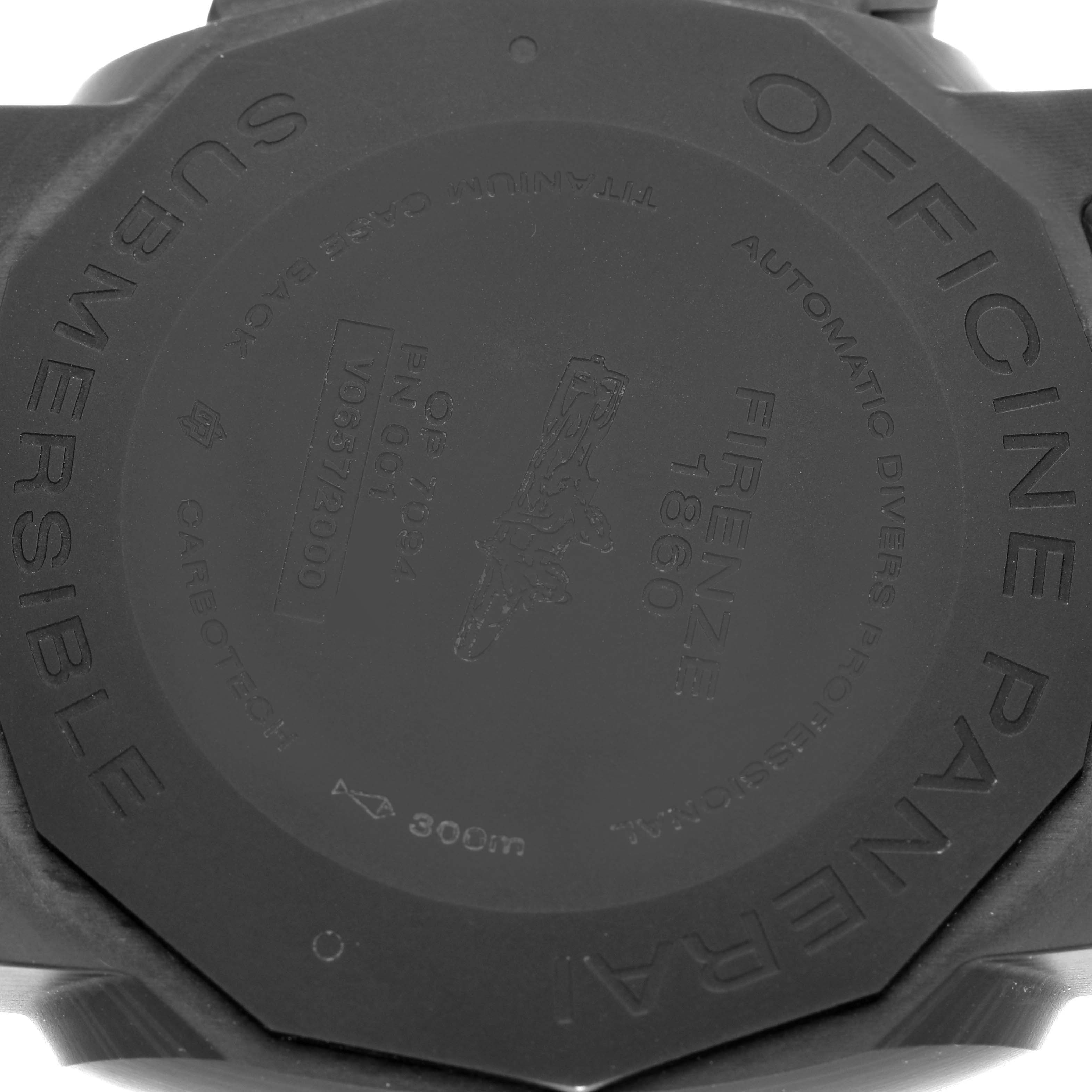 The image shows the back case of a Panerai Submersible PAM01616 Men's Titanium Black Dial PAM01616 Men's Titanium Black Dial watch, highlighting the engravings and model information.