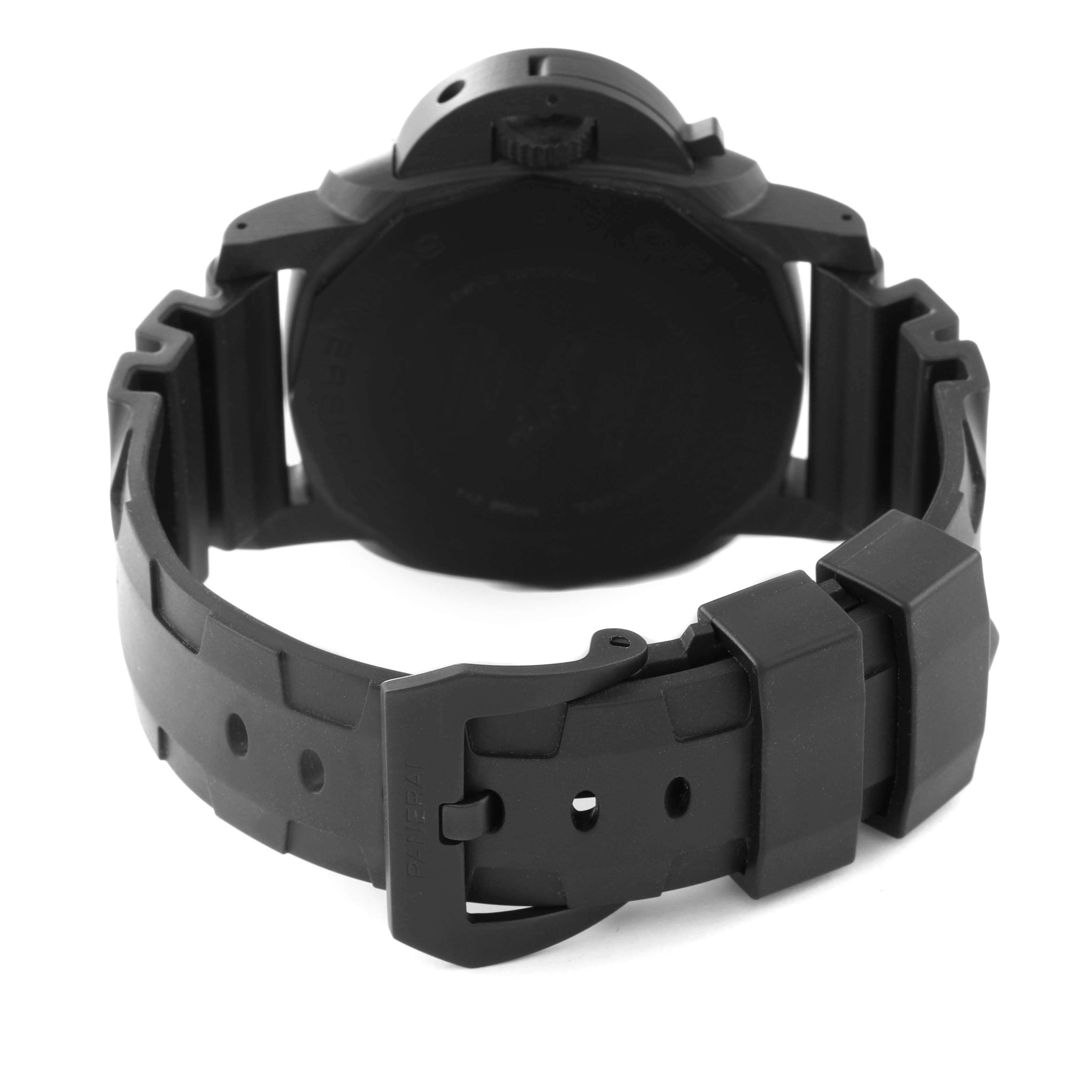 The image shows the back view of a Panerai Submersible PAM01616 Men's Titanium Black Dial PAM01616 Men's Titanium Black Dial watch, focusing on its black strap and clasp.