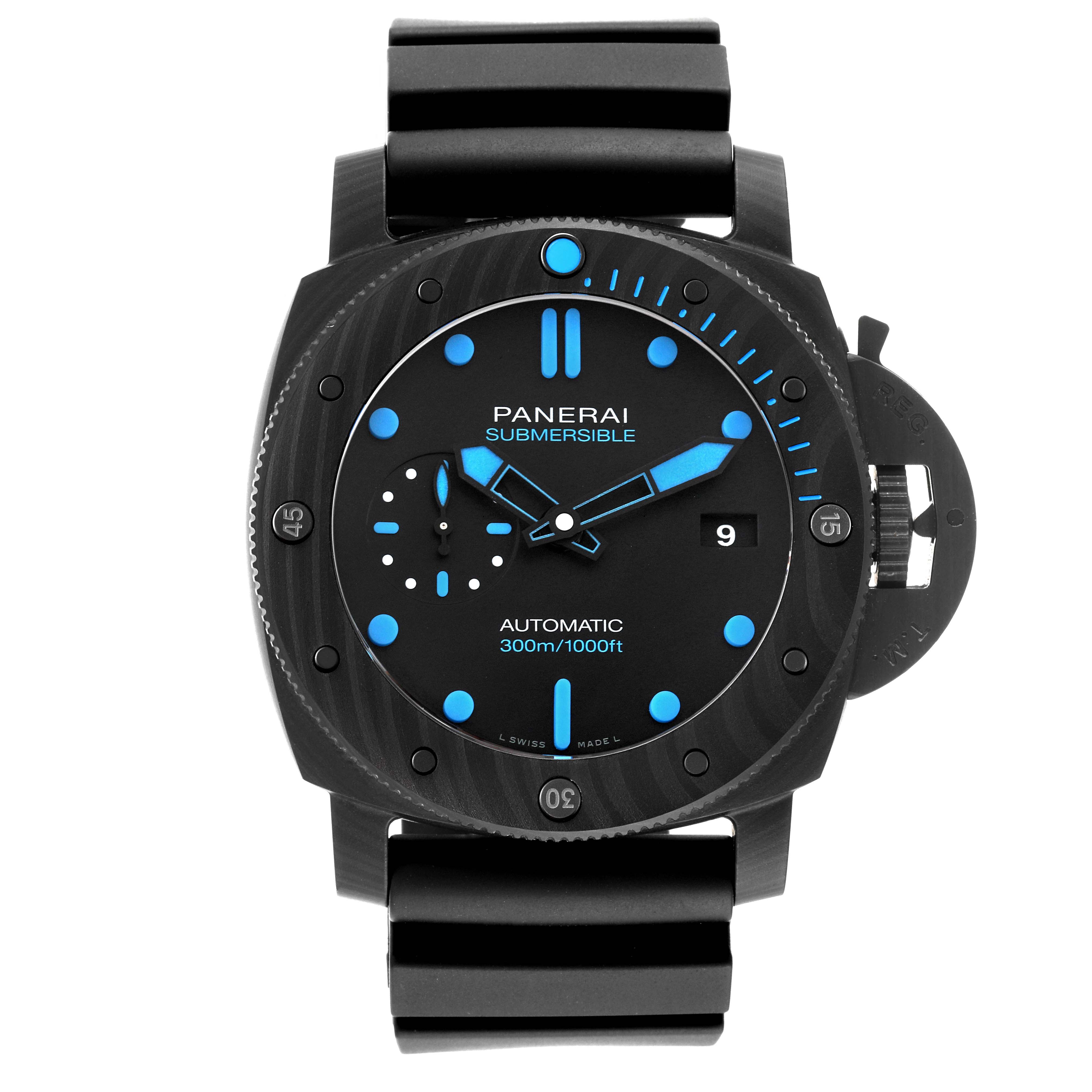 The image shows a front view of a Panerai Submersible PAM01616 Men's Titanium Black Dial PAM01616 Men's Titanium Black Dial, highlighting the dial, bezel, and strap.