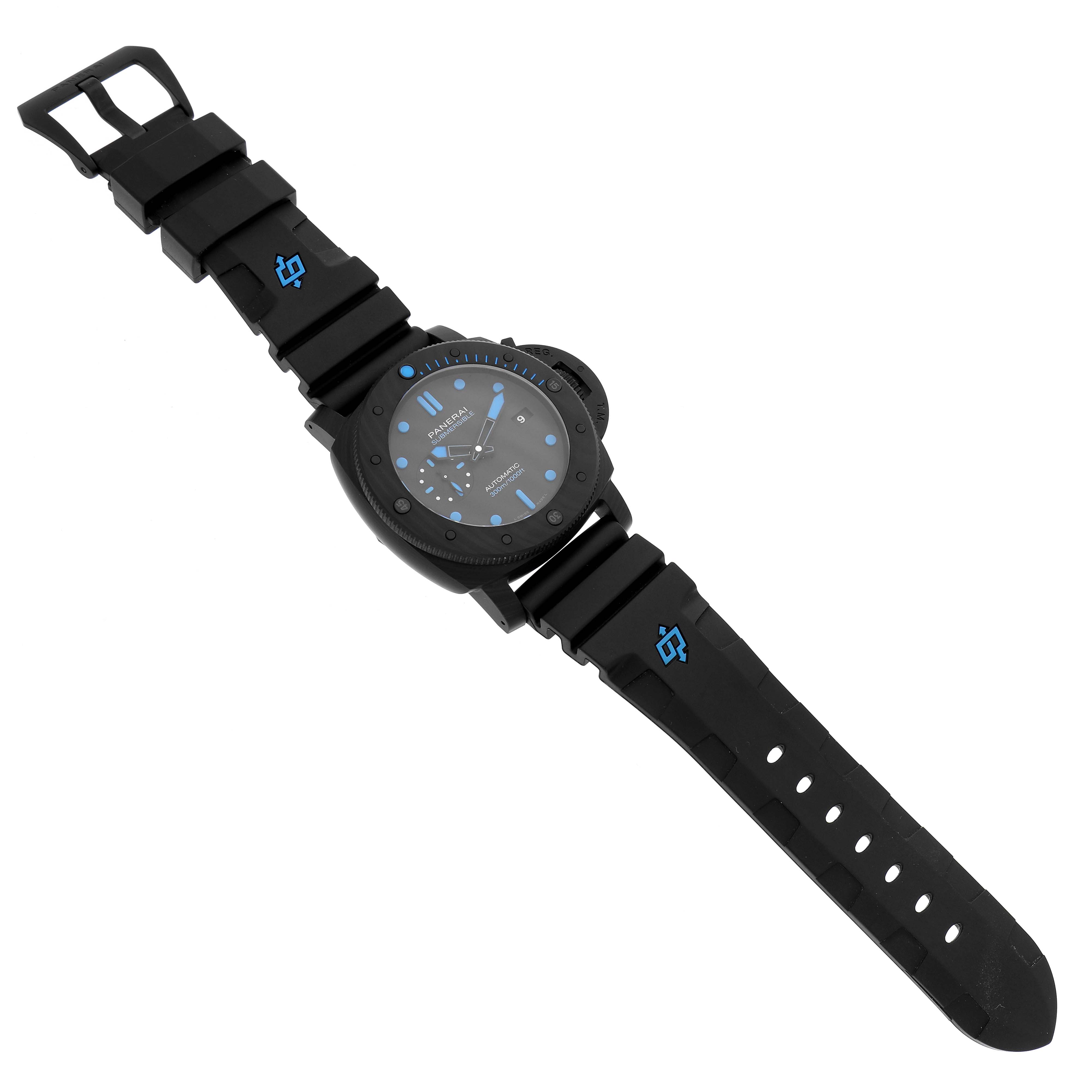 The image shows a top-down view of the Panerai Submersible PAM01616 Men's Titanium Black Dial PAM01616 Men's Titanium Black Dial watch, showcasing the full face and strap.