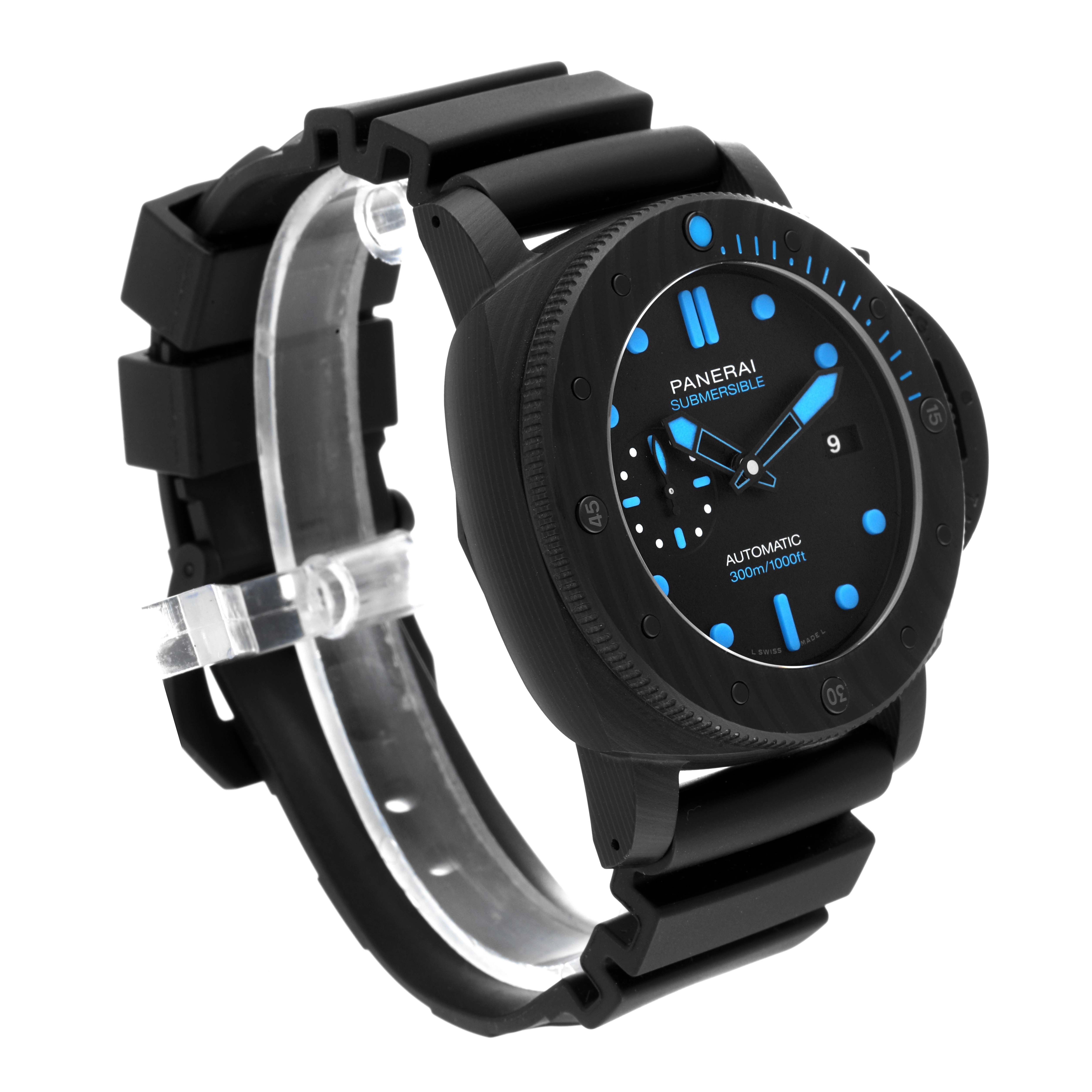 The image shows a side angle of the Panerai Submersible PAM01616 Men's Titanium Black Dial PAM01616 Men's Titanium Black Dial watch, featuring the dial, bezel, strap, and lugs.